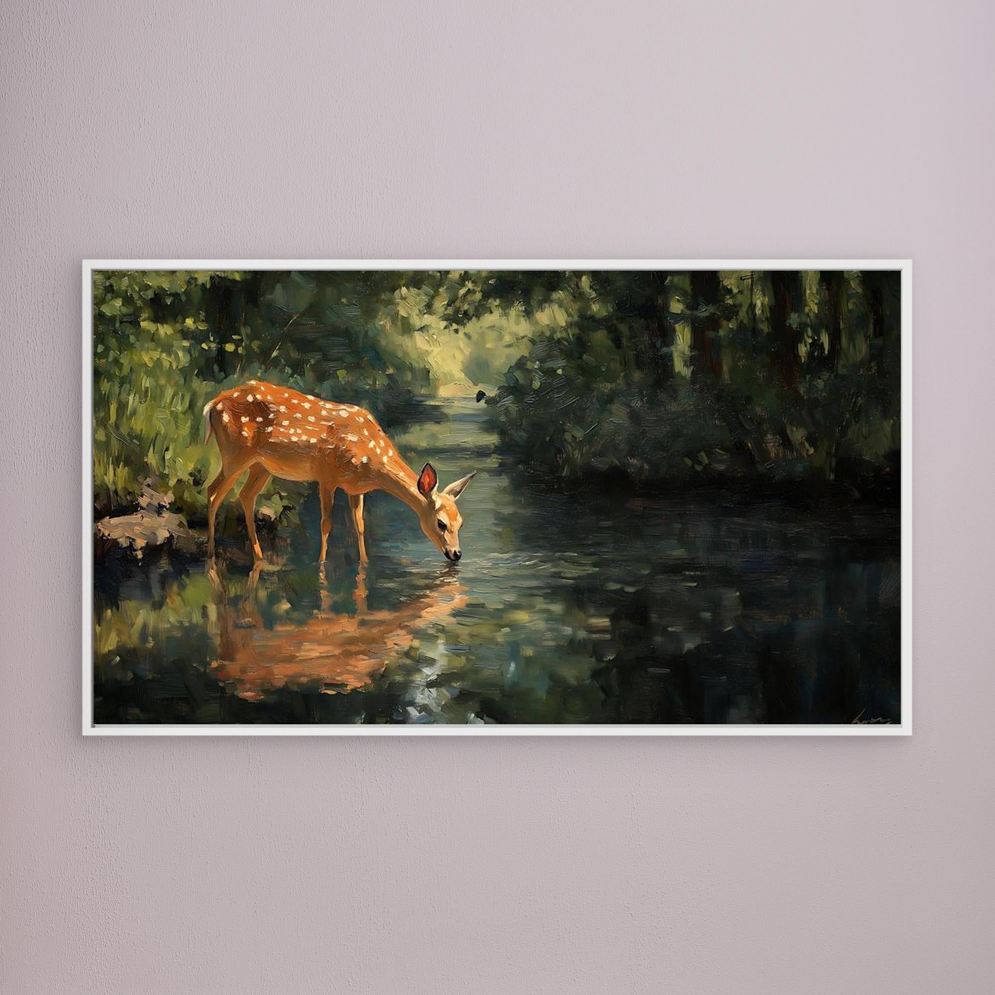 Tranquil Deer in Forest Stream Canvas Wall Art