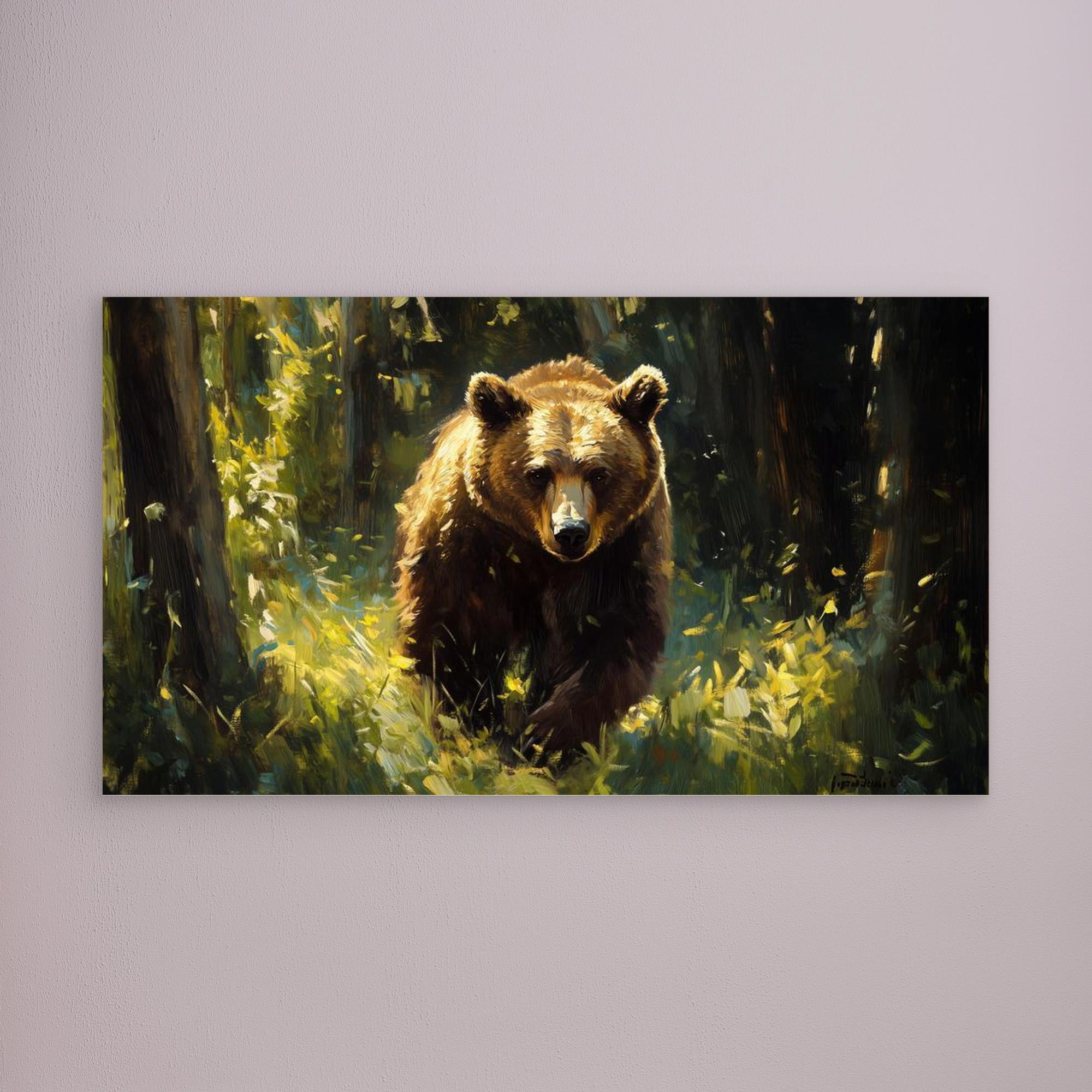 Grizzly Bear Forest Oil Painting Canvas Print | Wildlife Art