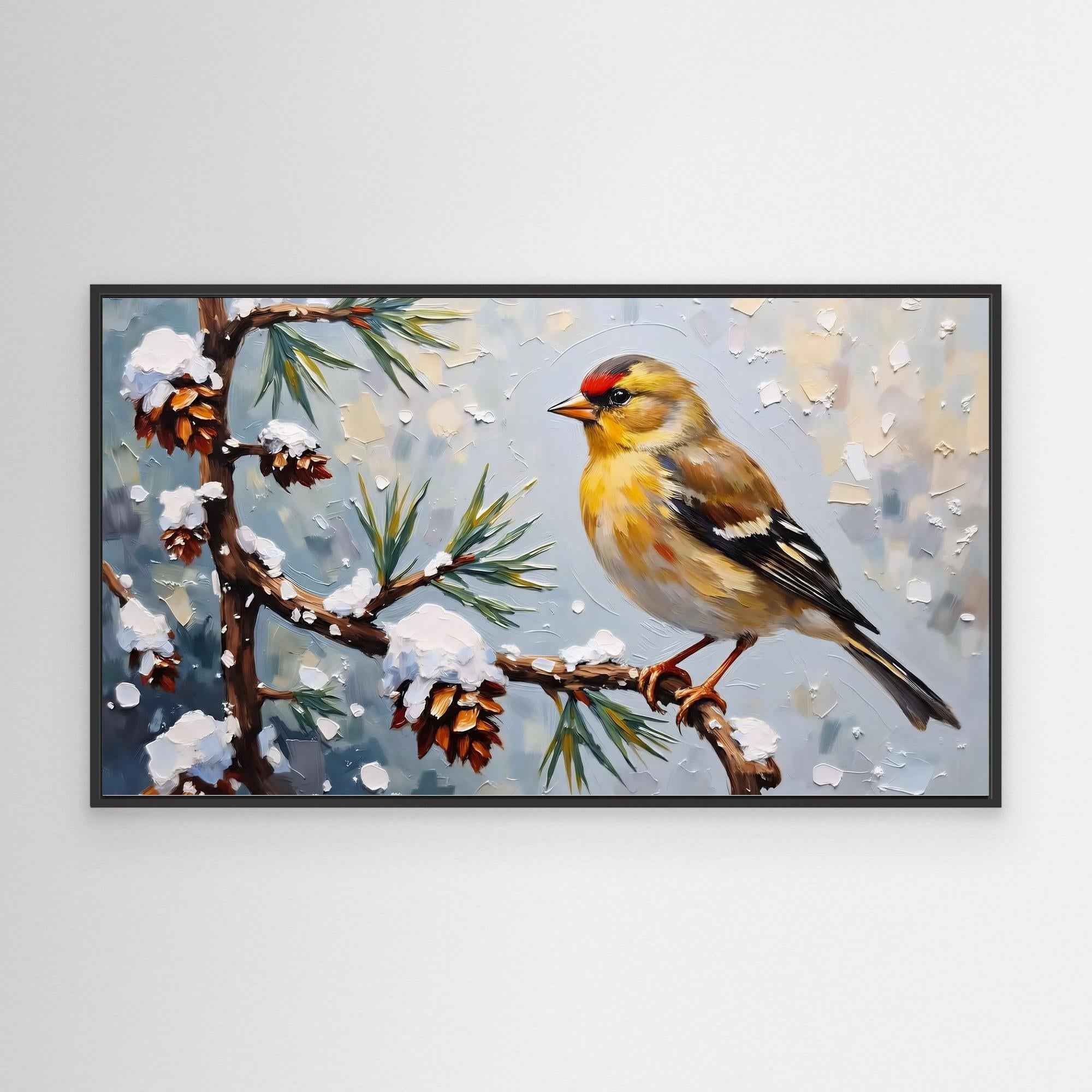 Winter Goldfinch Bird Canvas Wall Art - Framed Pop Art