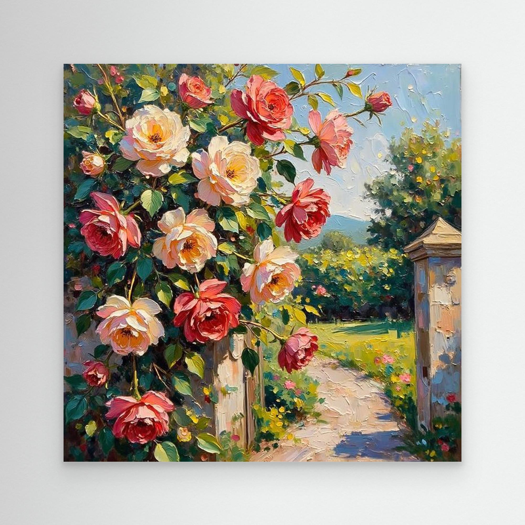 Pink Rose Garden Oil Painting | Floral Hallway Wall Art - Framed Pop Art