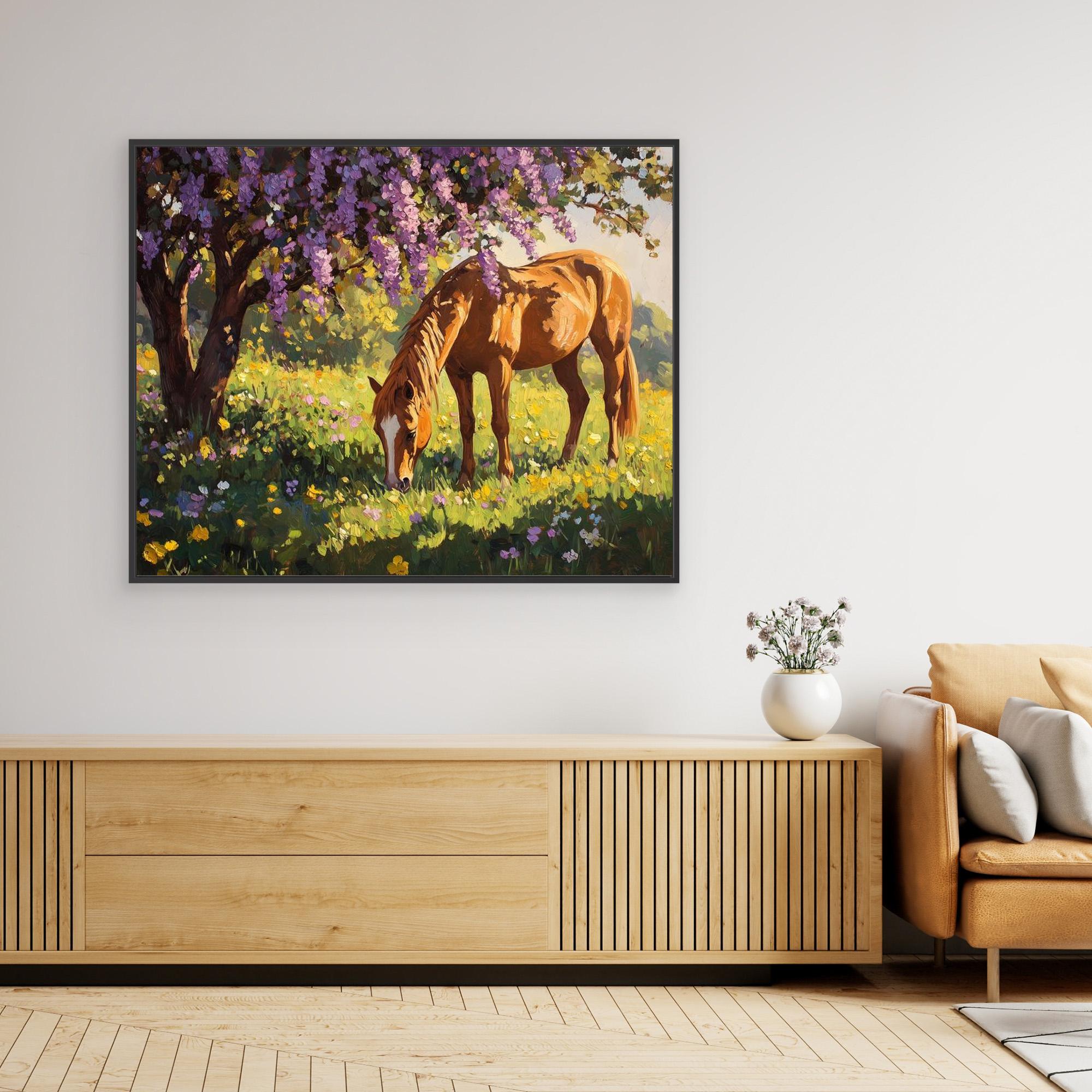 Horse Grazing Under Purple Blossom Canvas Wall Art - Framed Pop Art