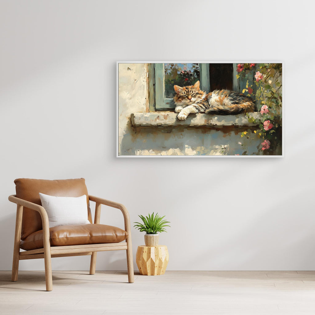 Cosy Cat Window Framed Canvas Wall Art for Lounge Decor - Framed Pop Art