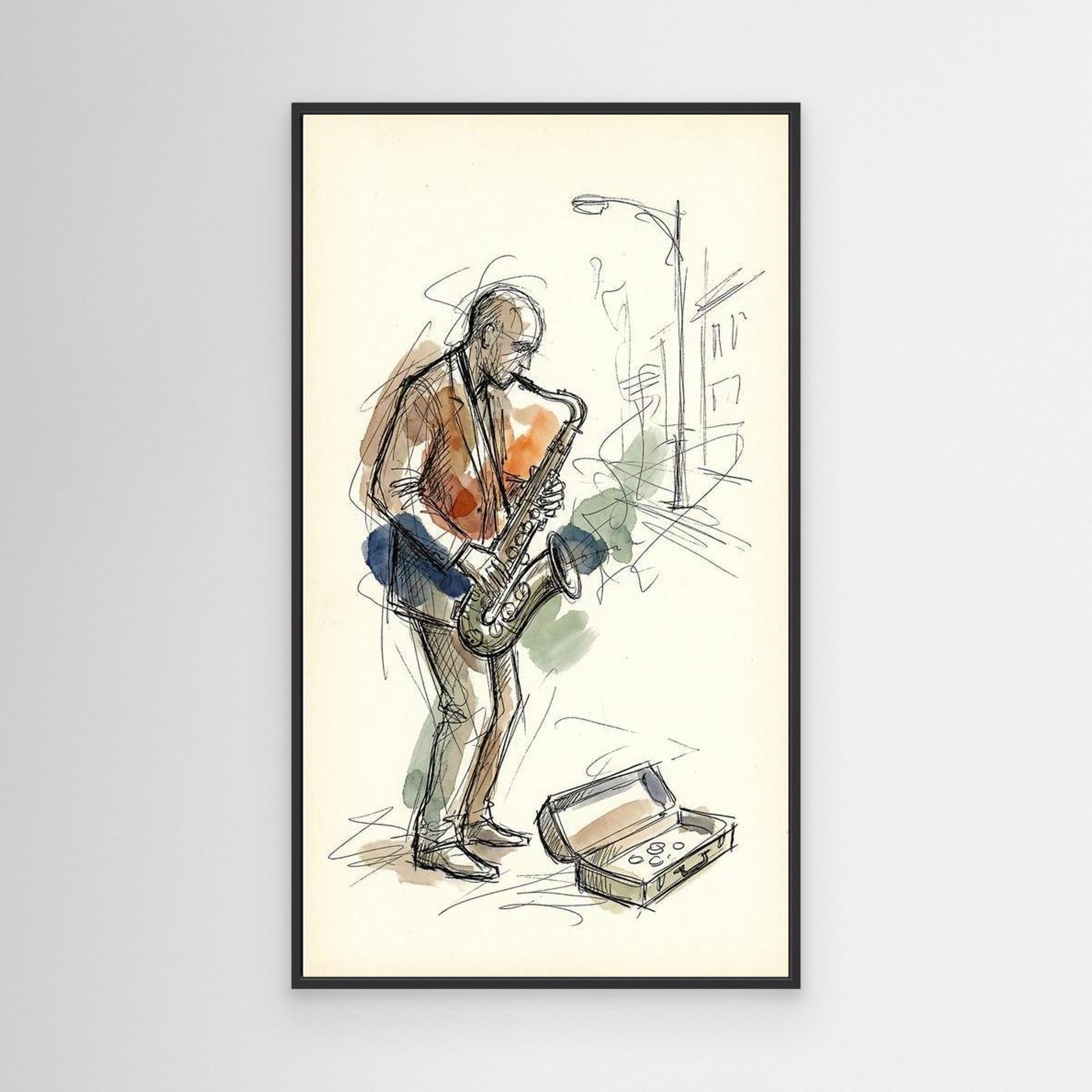 Saxophone Street Player Sketch Canvas Wall Art | Music Art - Framed Pop Art