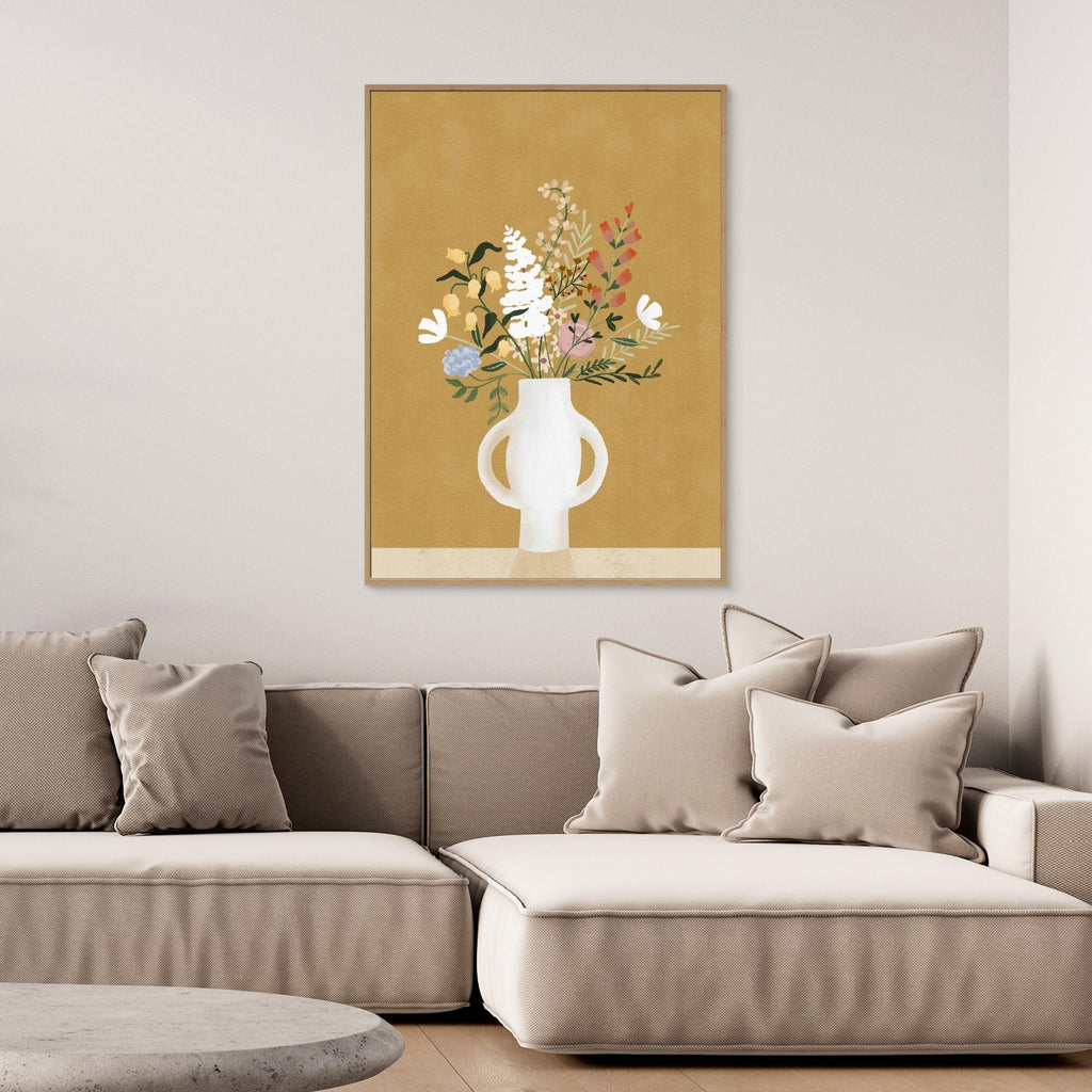 Hallway Wall Art – Mustard Yellow Floral Vase Canvas Print - Framed Pop Art
