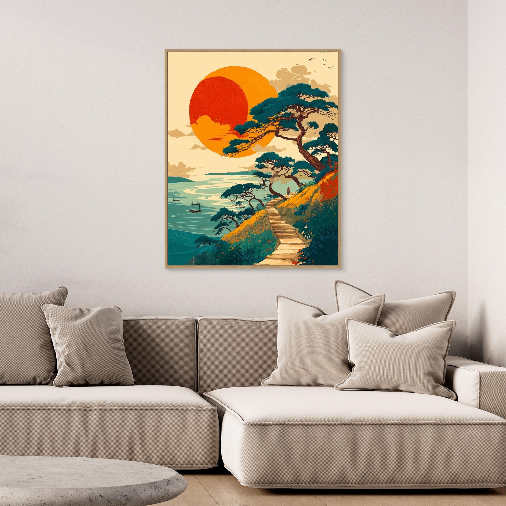 Bold Sunset Coastal Path Landscape Canvas Wall Art Print - Framed Pop Art