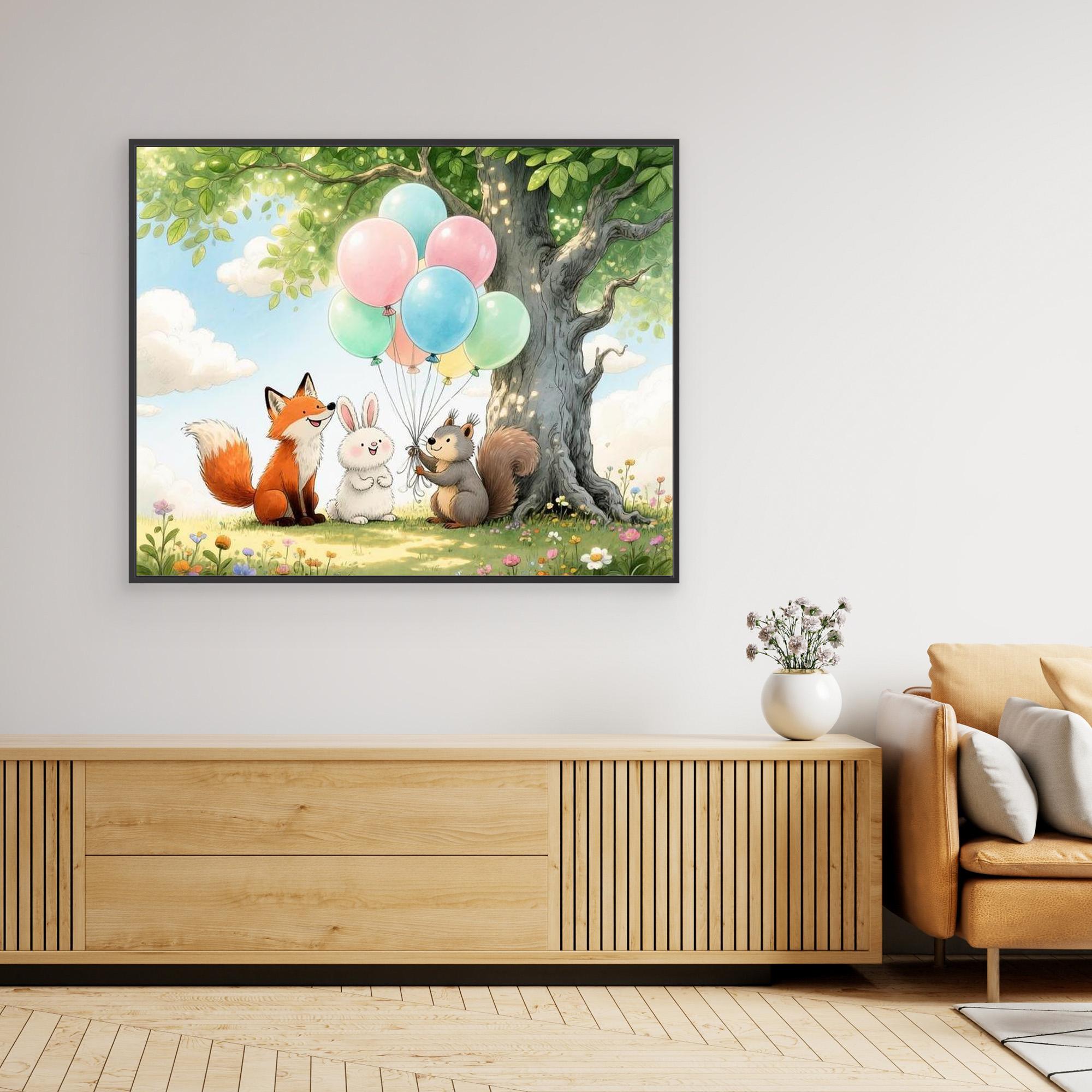 Woodland Animals Balloon Nursery Canvas Wall Art Print - Framed Pop Art