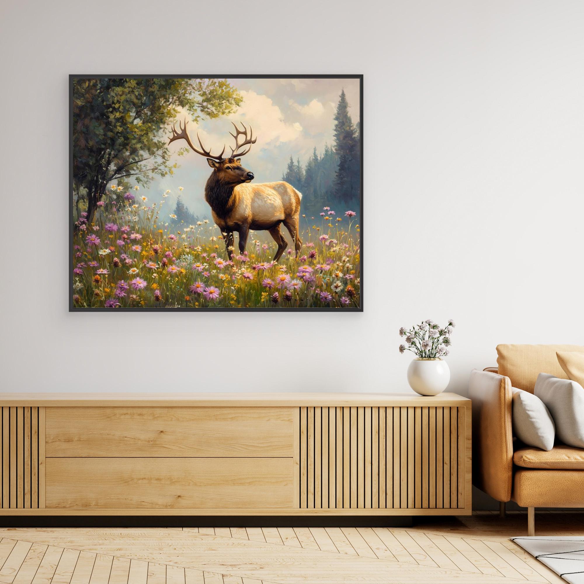 Majestic Elk in Wildflower Meadow Canvas Wall Art - Framed Pop Art