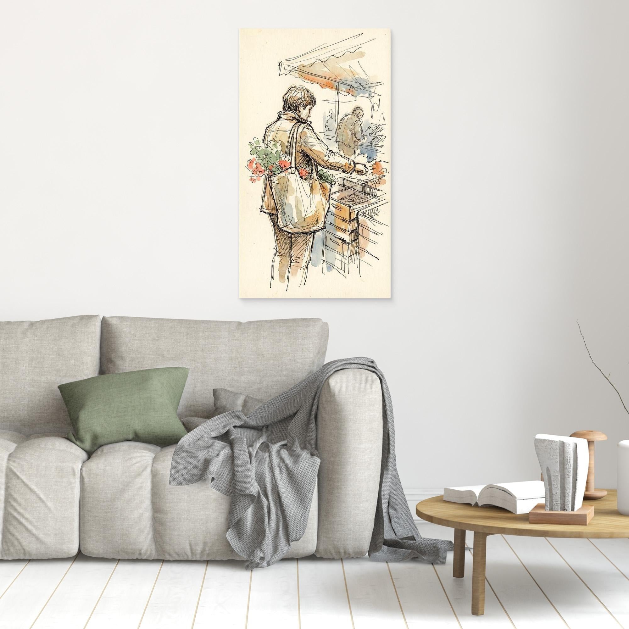 European Market Scene Framed Canvas Wall Art | Sketch Style - Framed Pop Art
