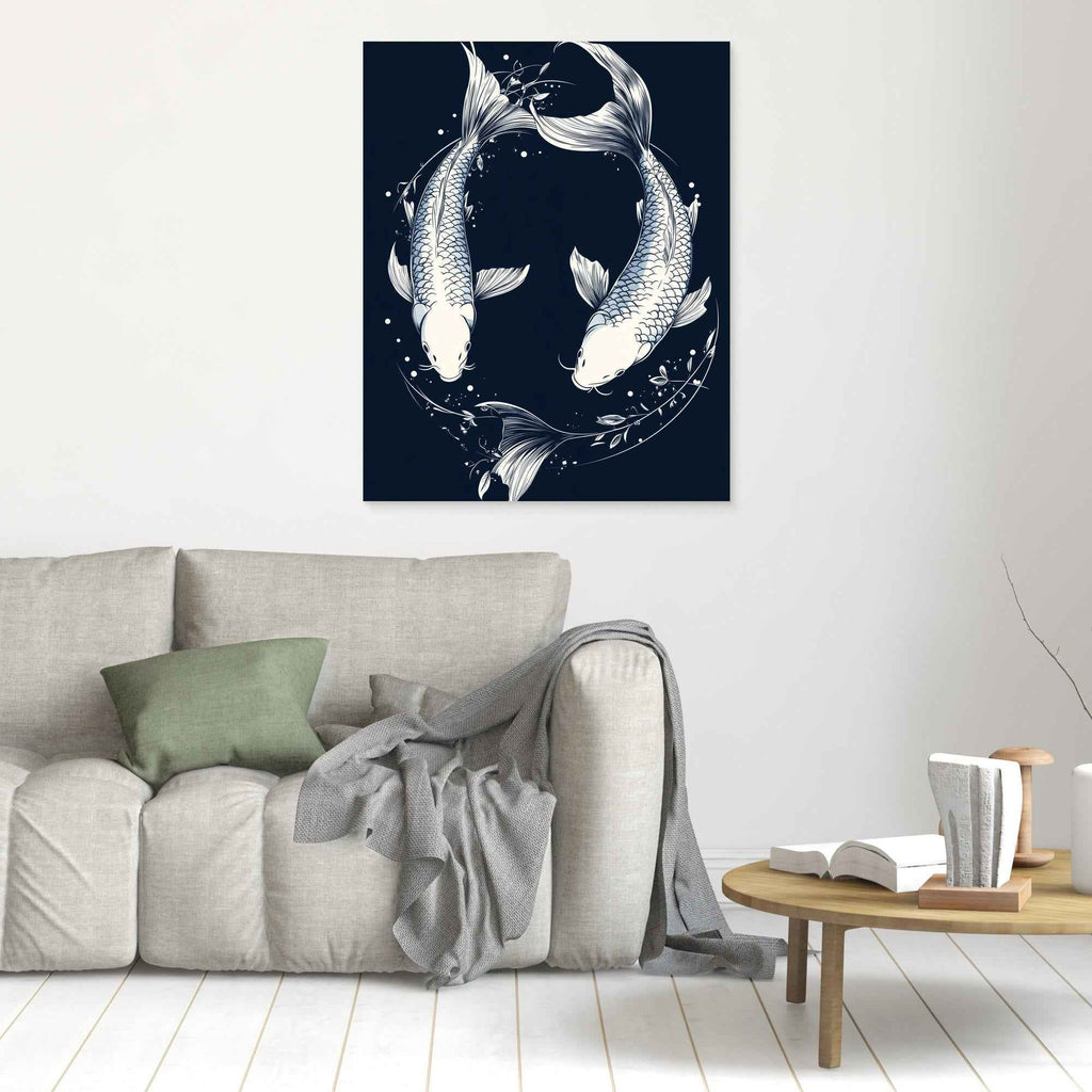 Koi Yin Yang Navy Canvas Wall Art - Framed Pop Art