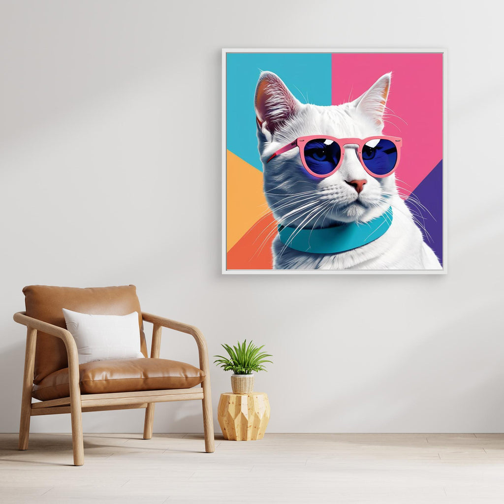 Cool White Cat in Pink Sunglasses Canvas Wall Art - Framed Pop Art