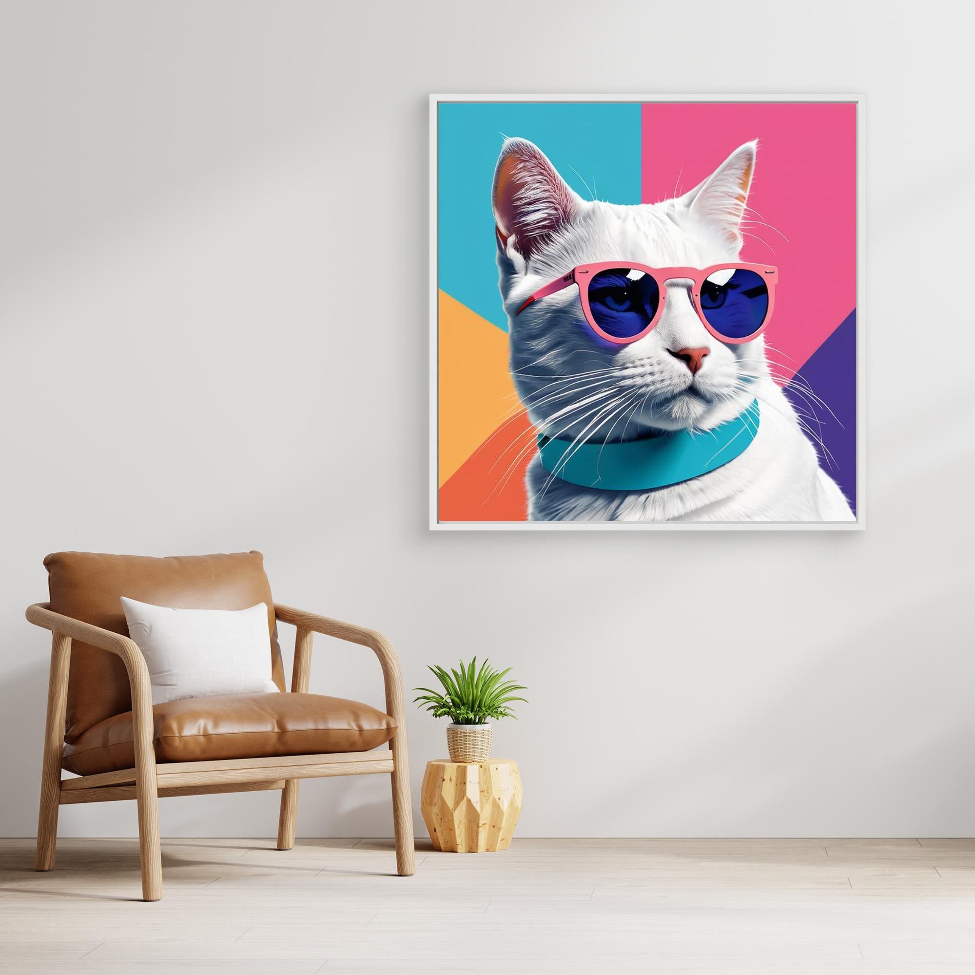 Cool White Cat in Pink Sunglasses Canvas Wall Art - Framed Pop Art