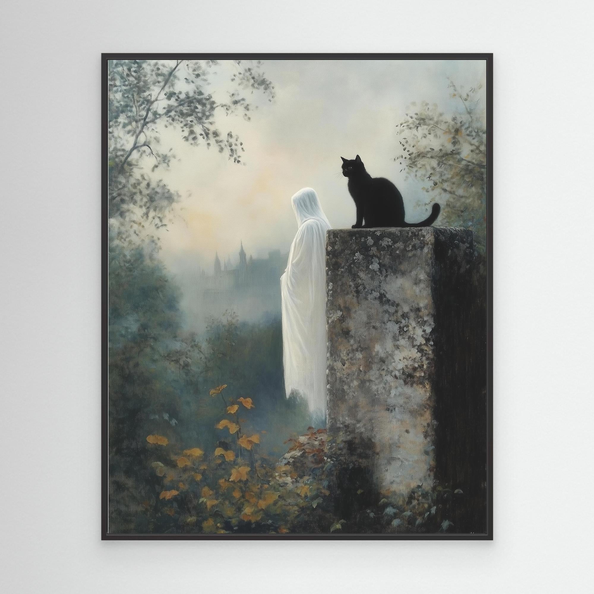 Gothic Wall Art for Hallway – Black Cat & Ghost Canvas - Framed Pop Art