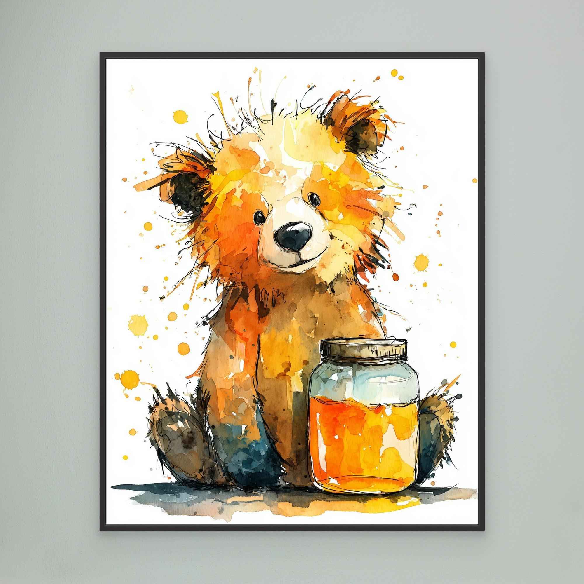 Watercolor Teddy Bear Honey Jar Canvas - Framed Pop Art