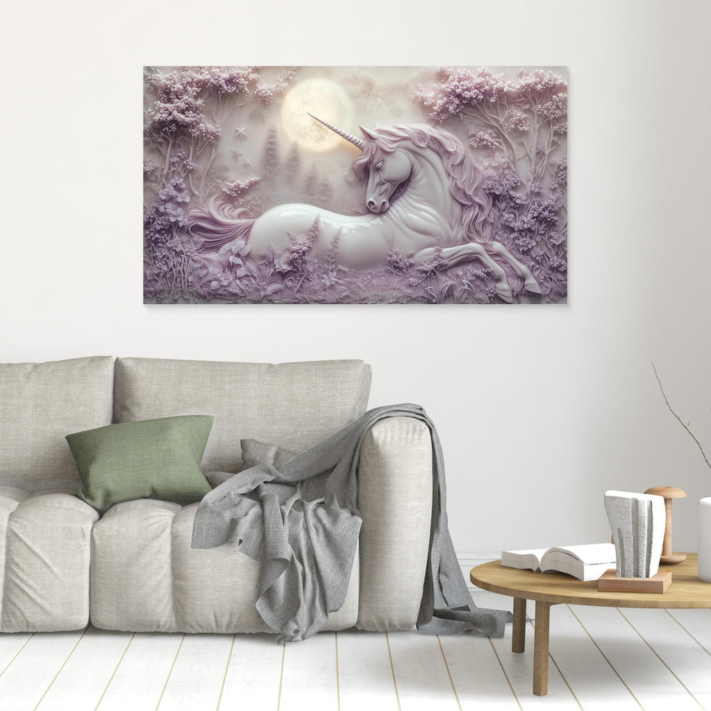 Enchanted Unicorn Moonlit Forest Canvas Wall Art - Framed Pop Art