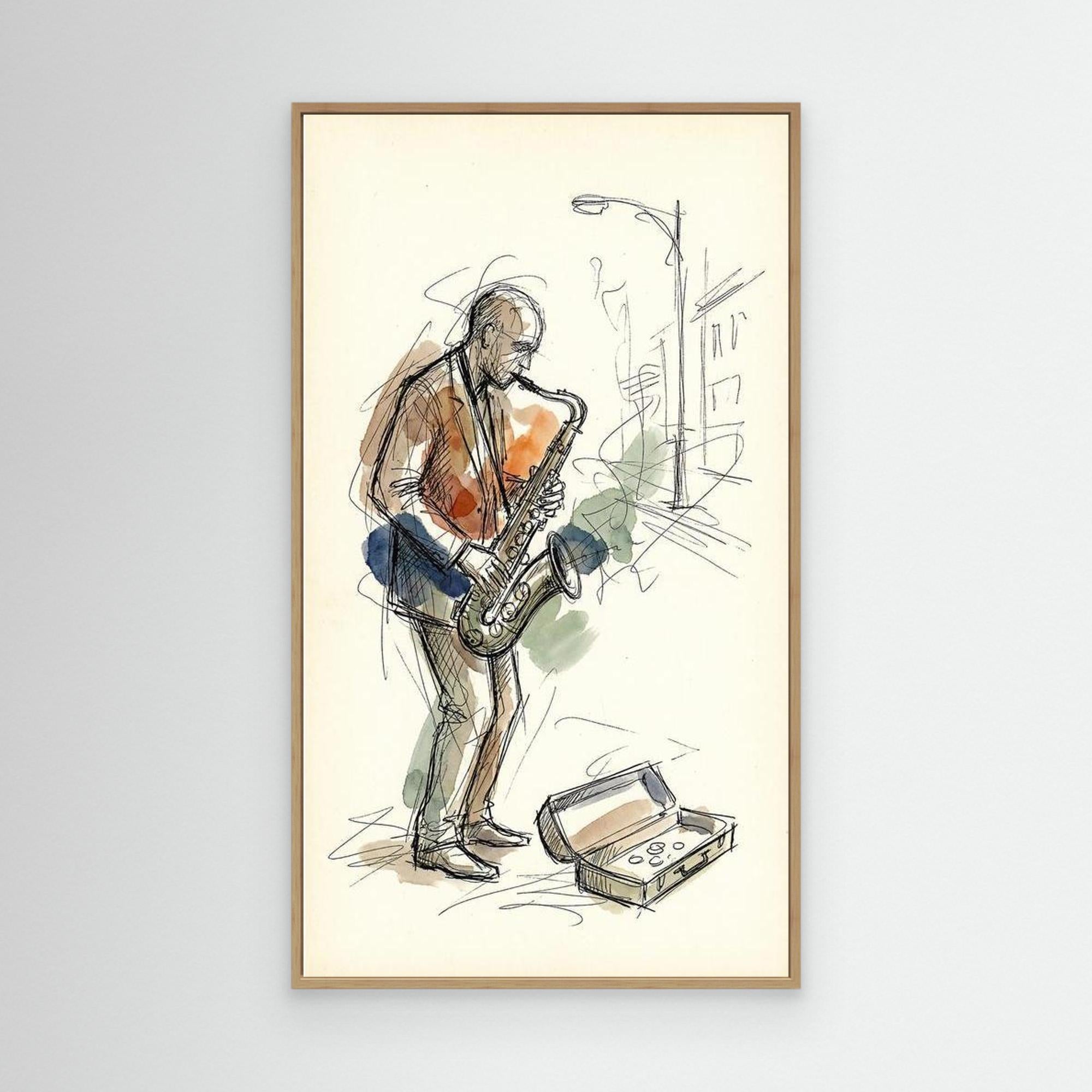 Saxophone Street Player Sketch Canvas Wall Art | Music Art - Framed Pop Art