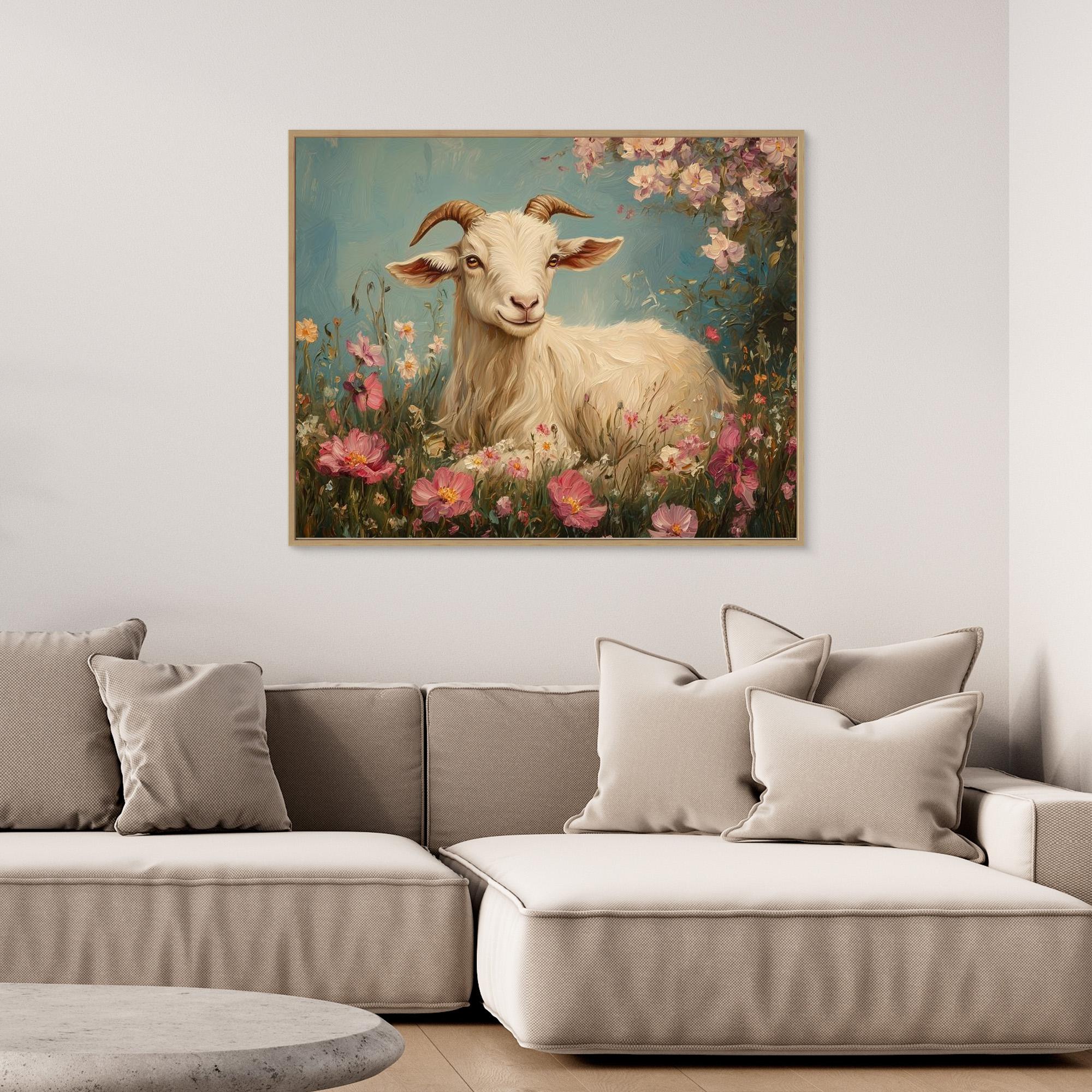 Whimsical Goat in Wildflowers Canvas Wall Art | Country Decor - Framed Pop Art