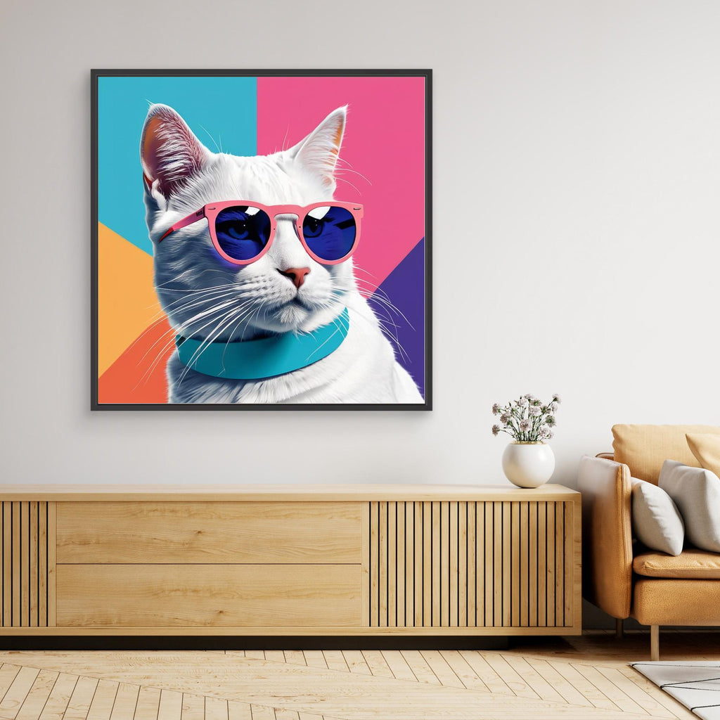 Cool White Cat in Pink Sunglasses Canvas Wall Art - Framed Pop Art