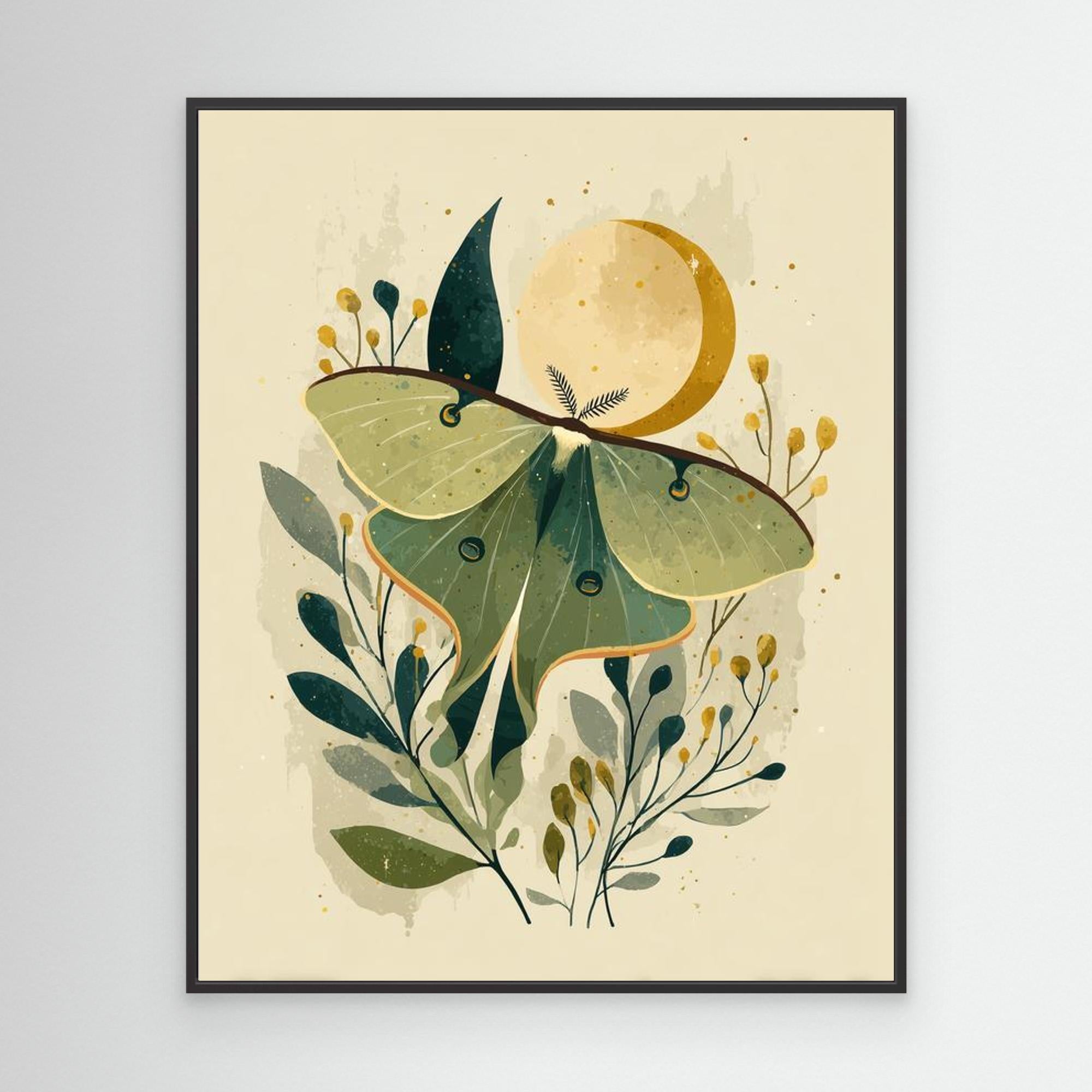Luna Moth & Crescent Moon Art Print | Nature-Inspired Wall Decor | Nursery - Framed Pop Art