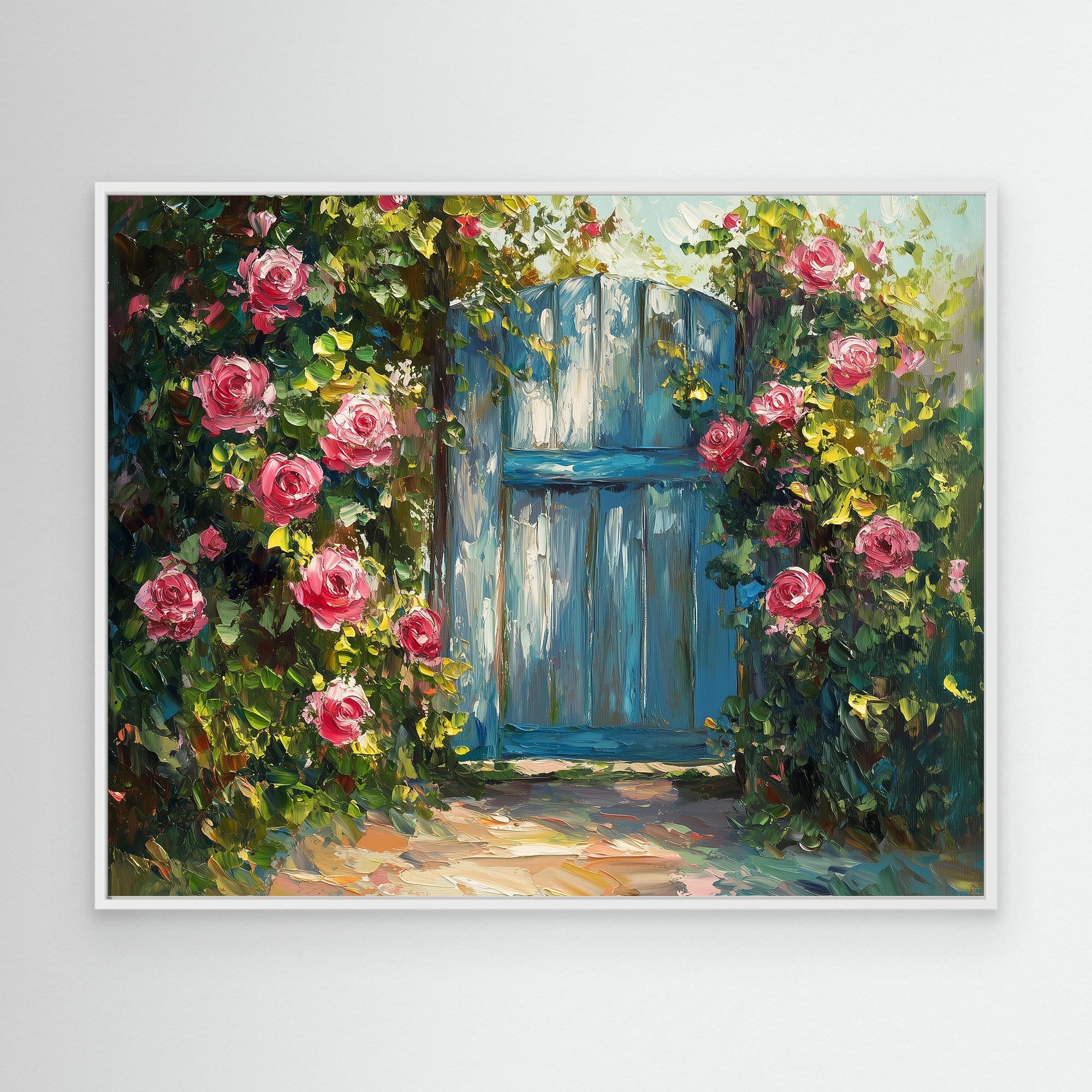 Hallway Wall Art – Blue Garden Gate & Pink Roses Canvas - Framed Pop Art