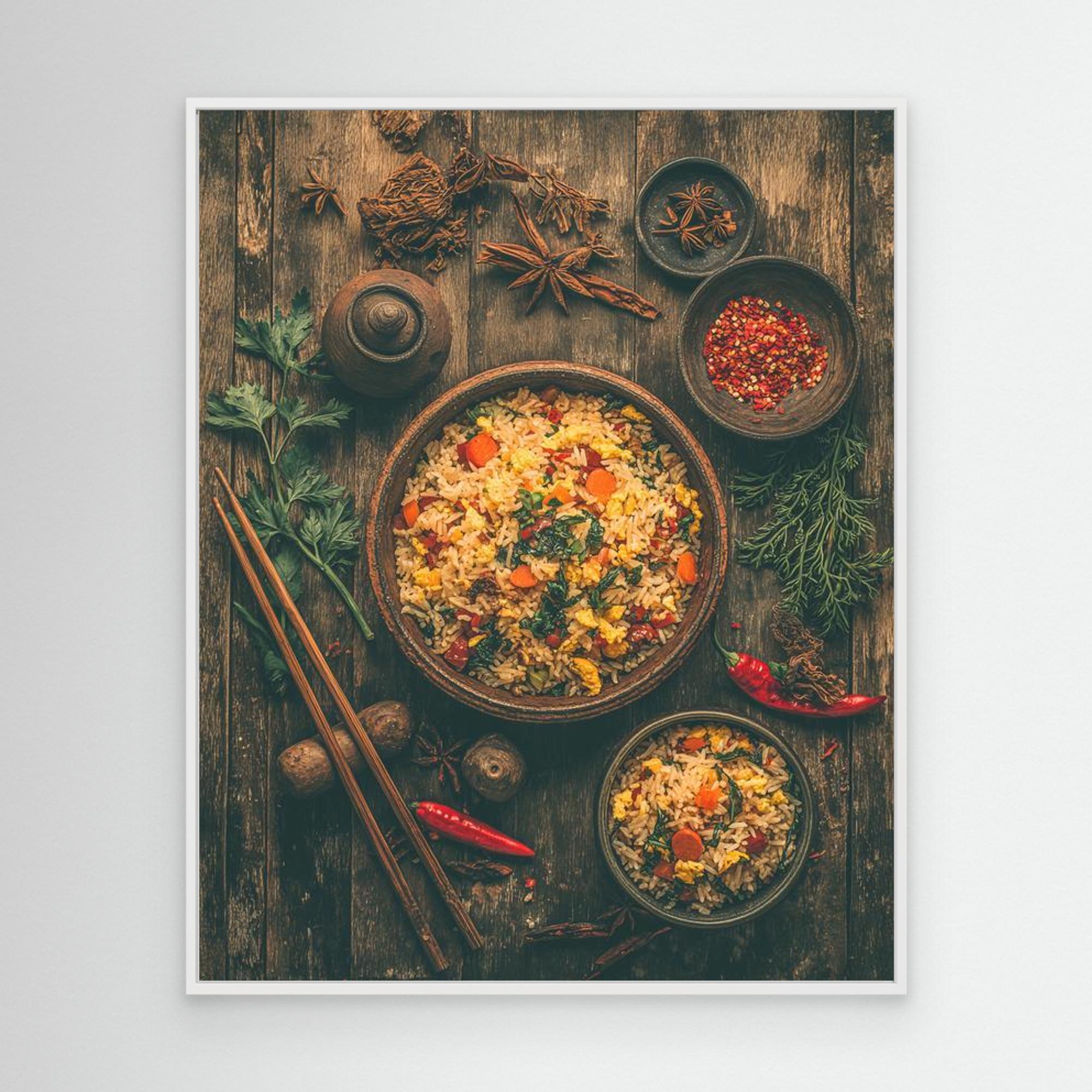 Rustic Fried Rice Bowl Asian Kitchen Canvas Wall Art - Framed Pop Art