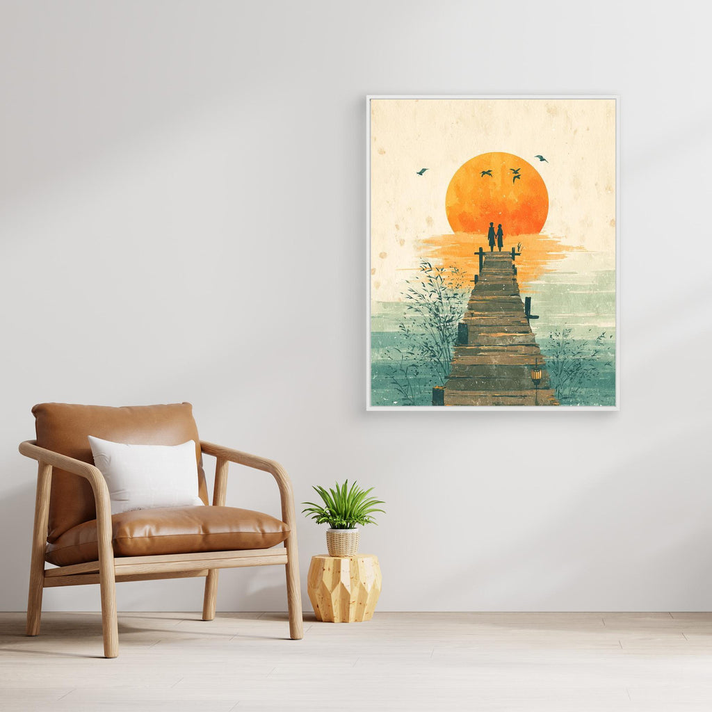 Romantic Lakeside Sunset Pier Framed Canvas Print Art - Framed Pop Art