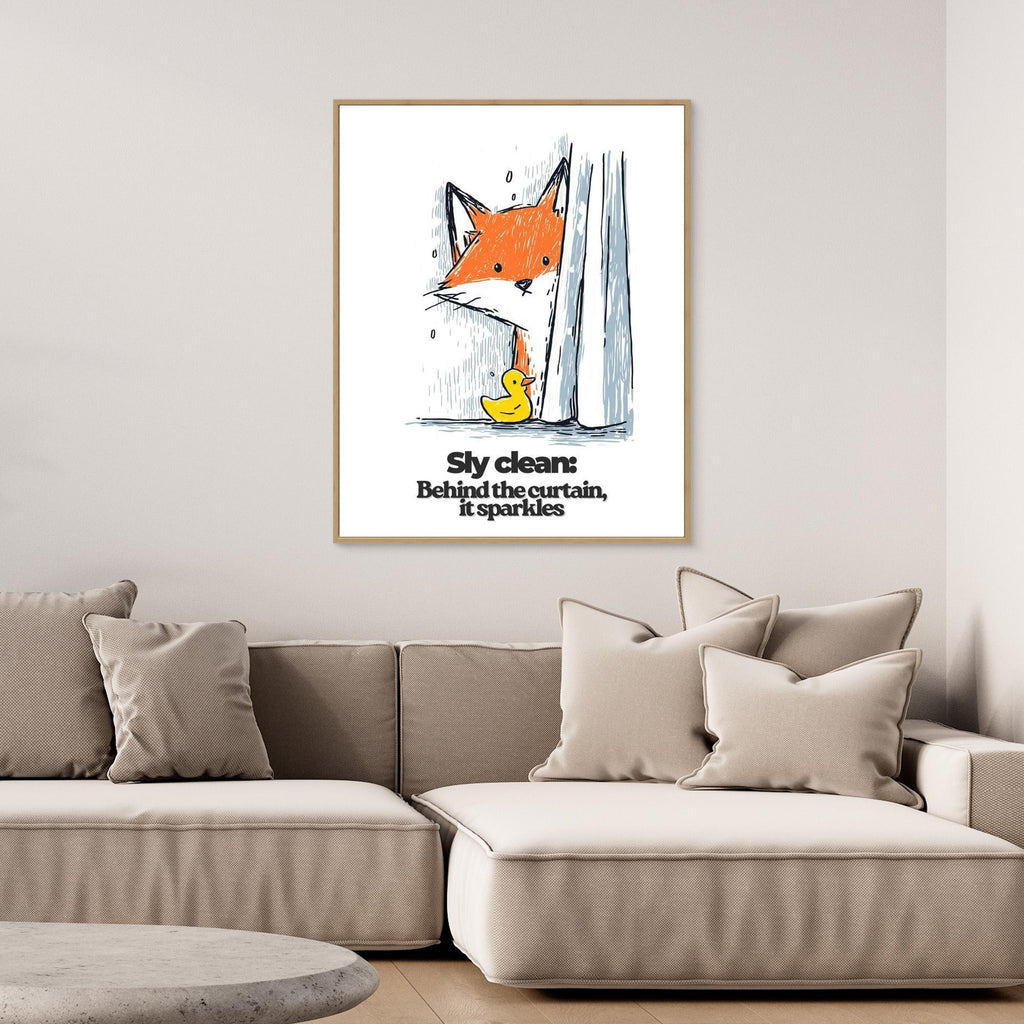 Sly Clean Fox & Rubber Duck Art Print | Fun Bathroom Wall Decor - Framed Pop Art