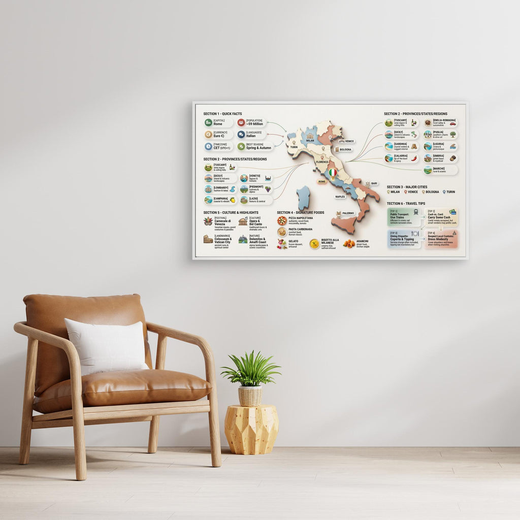 Italy Infographic Map Wall Art | Framed Canvas Travel Guide