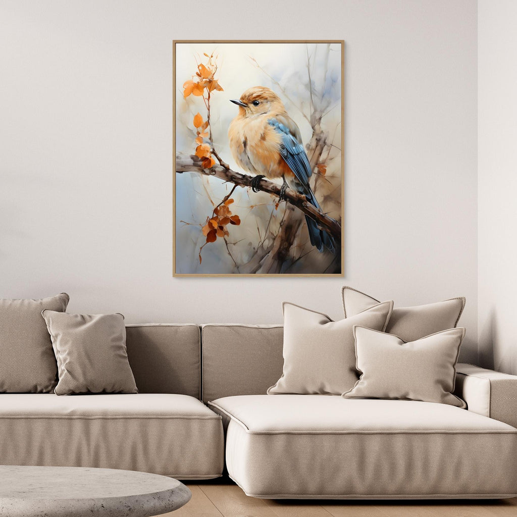 Blue & Orange Bird Canvas Print – Nature Nursery Hallway - Framed Pop Art