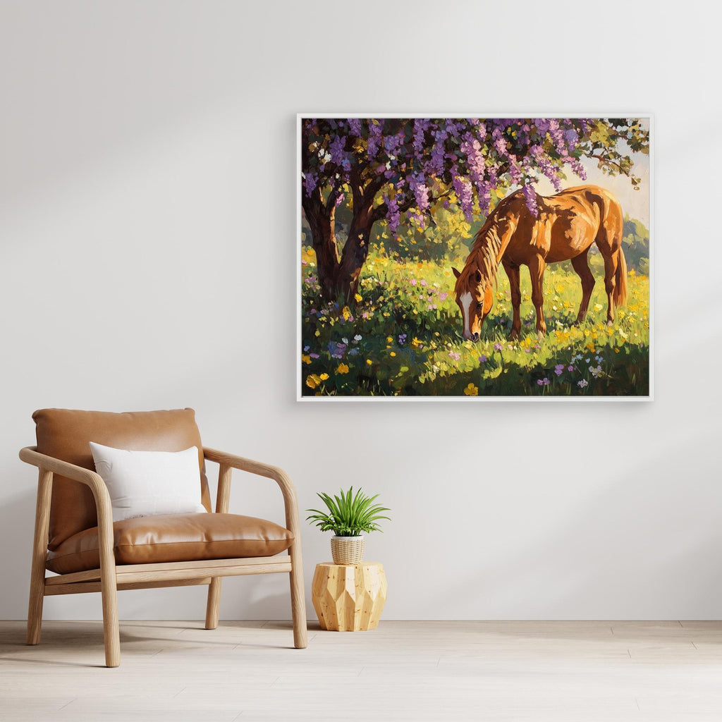 Horse Grazing Under Purple Blossom Canvas Wall Art - Framed Pop Art
