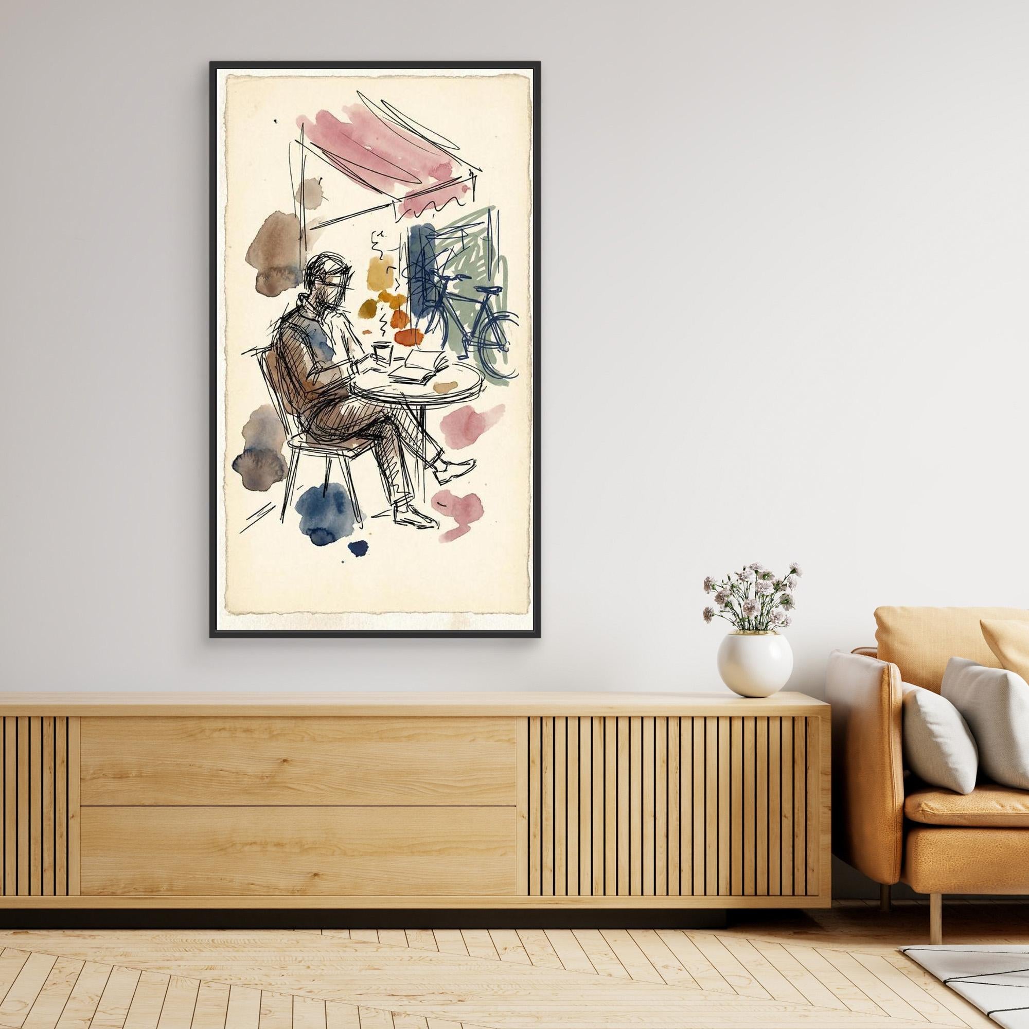 Man in Cafe Sketch Wall Art | Framed Canvas Print - Framed Pop Art
