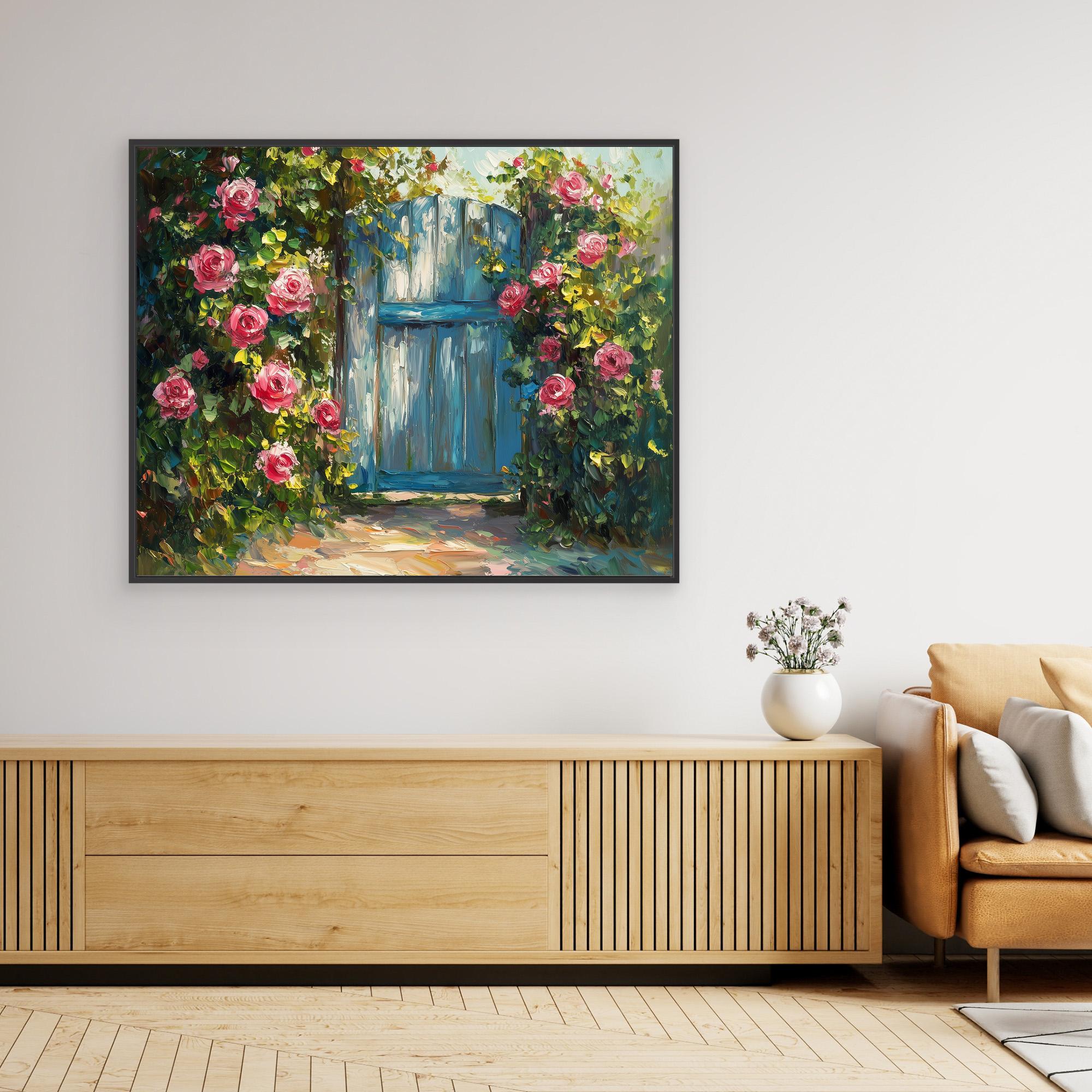 Hallway Wall Art – Blue Garden Gate & Pink Roses Canvas - Framed Pop Art