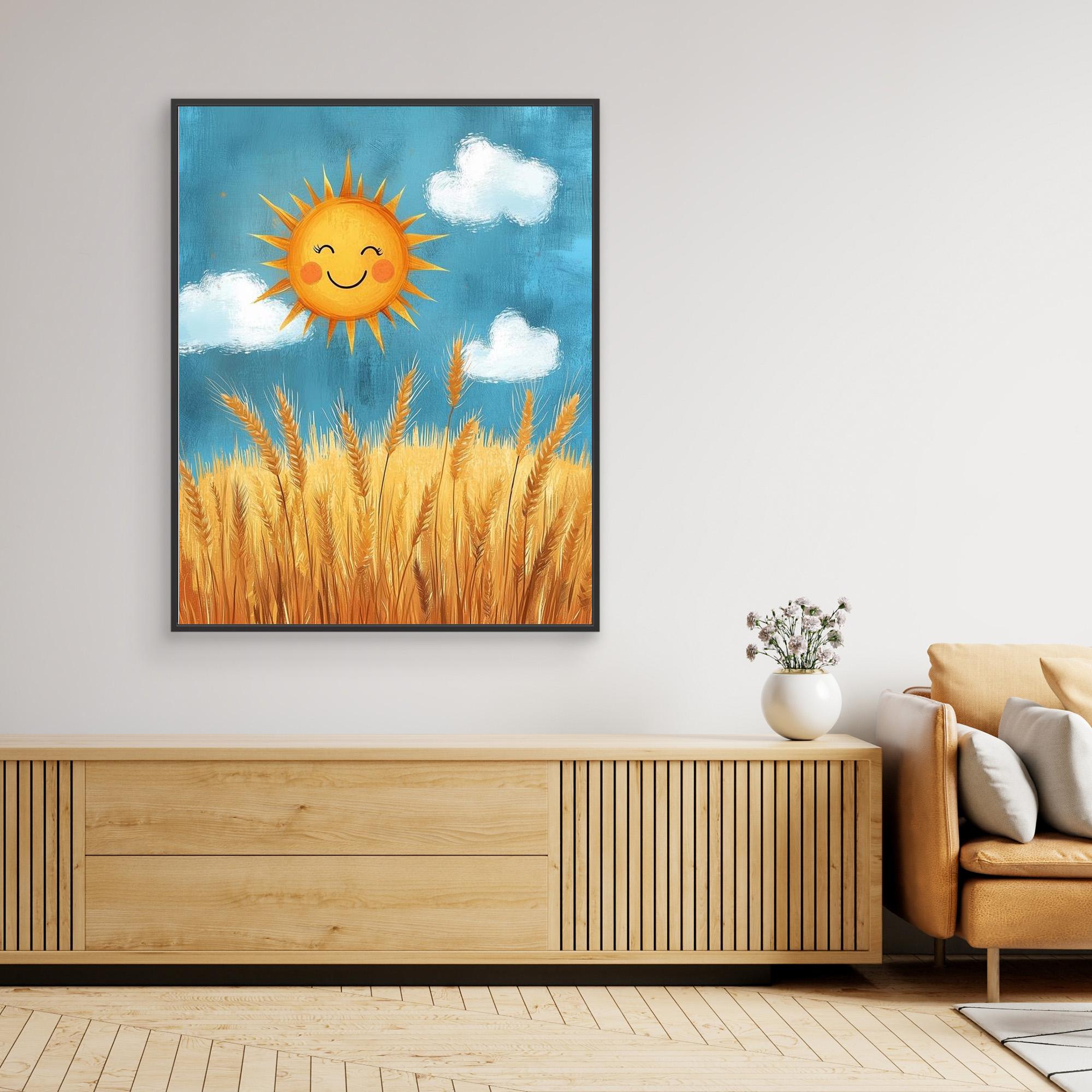 Happy Sun & Wheat Field Canvas Art | Cheerful Wall Decor - Framed Pop Art