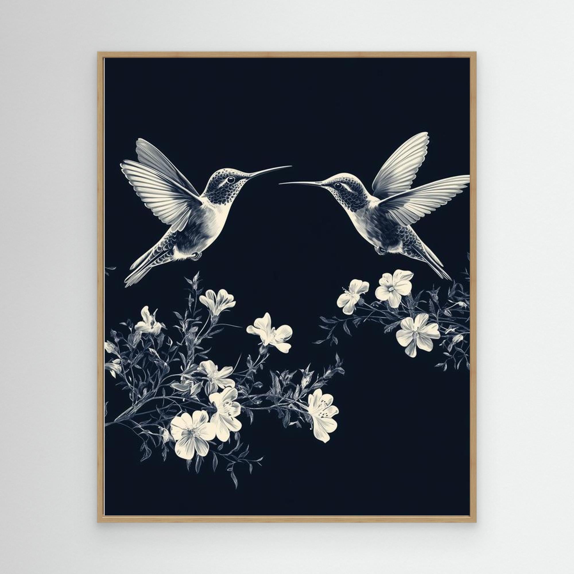 Navy Hummingbird & Floral Wall Art | Botanical Nursery Decor - Framed Pop Art