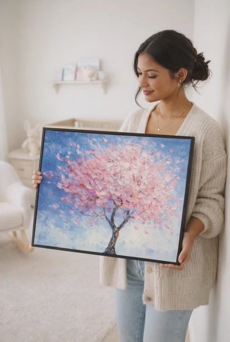 Pink Blossom Tree Canvas Wall Art for Nursery Bedroom