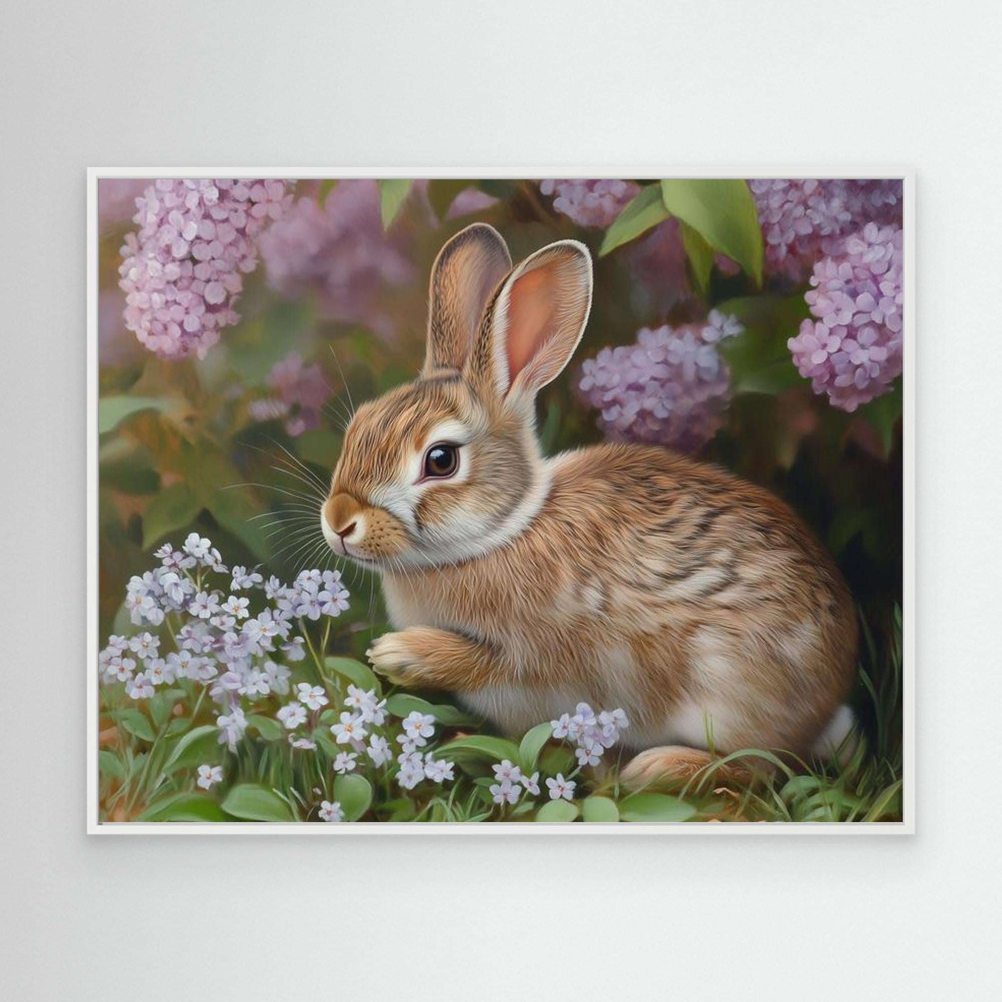 Rabbit in Lilacs Framed Canvas Print | Cute Woodland Wall Art - Framed Pop Art