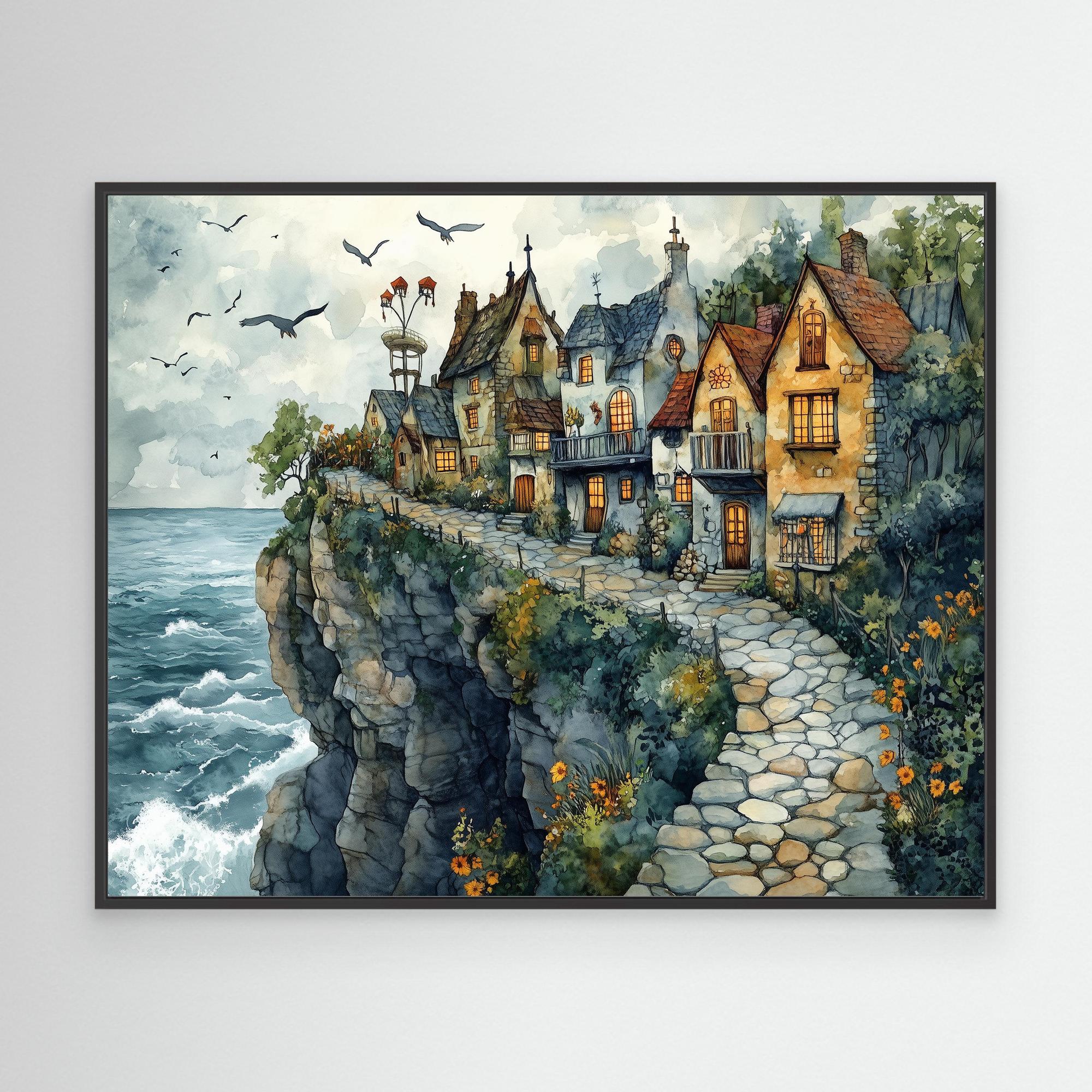 Coastal Cliffside Village Canvas Print for Hallway Decor - Framed Pop Art