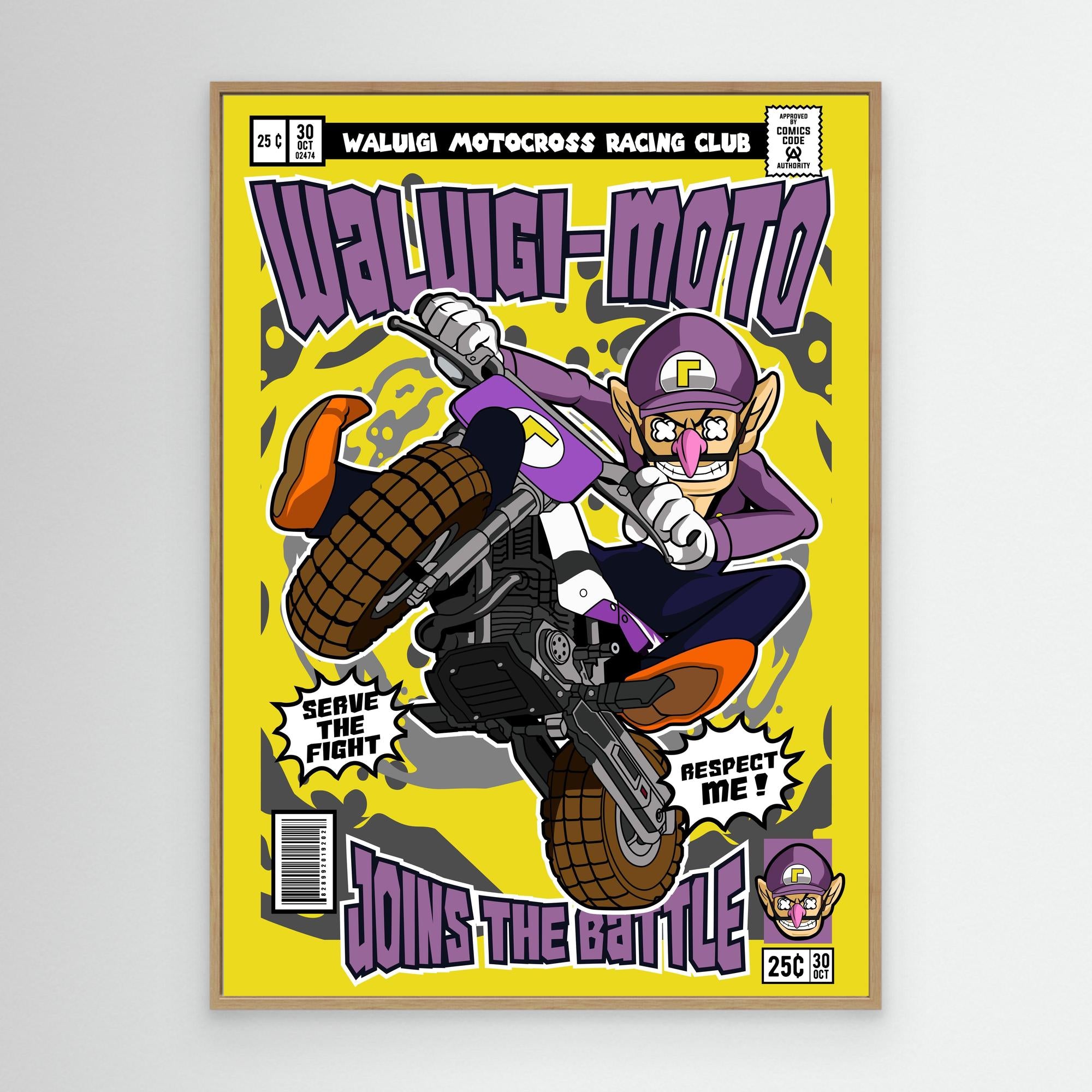 Waluigi Motocross Comic Poster | Gaming Room Wall Art - Framed Pop Art