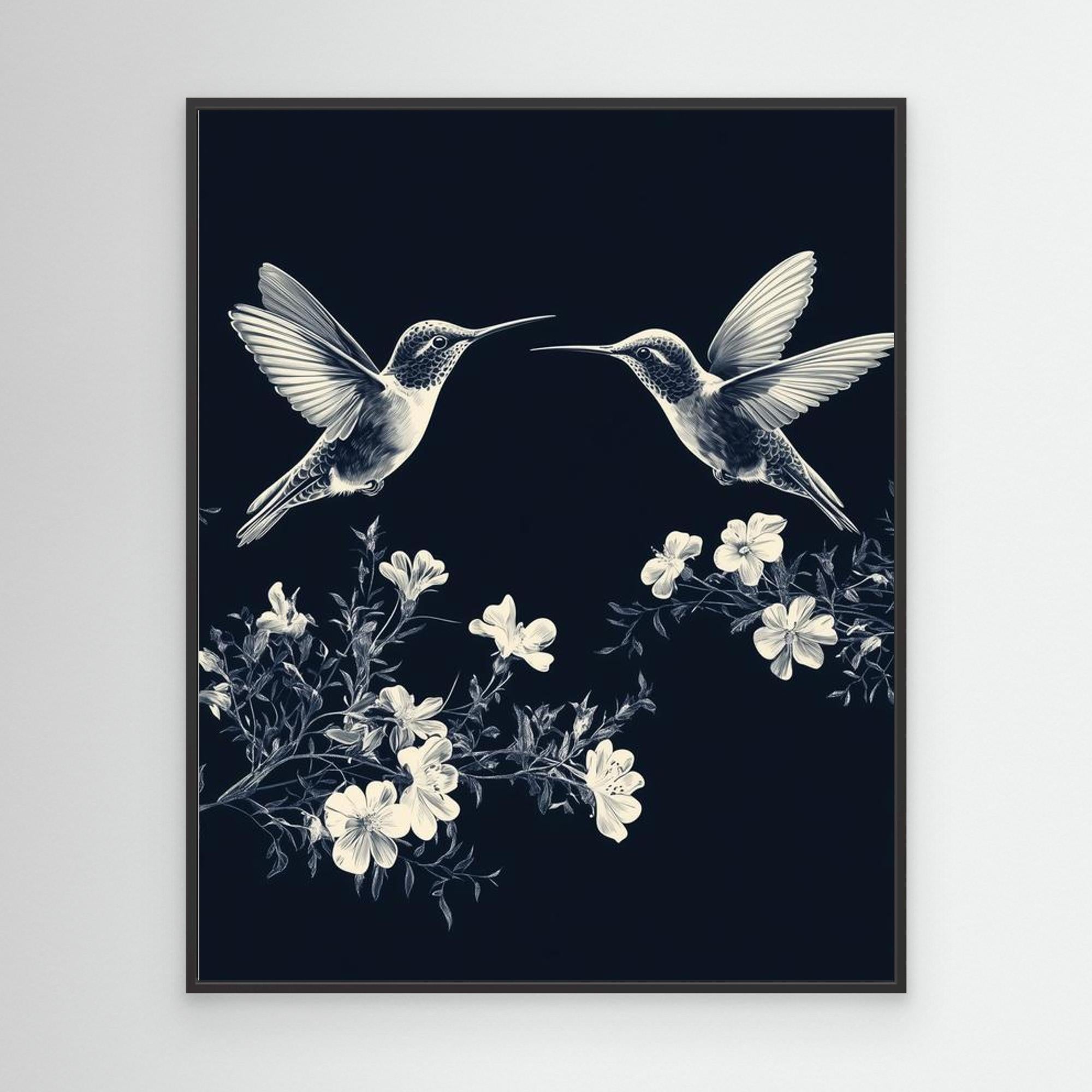 Navy Hummingbird & Floral Wall Art | Botanical Nursery Decor - Framed Pop Art
