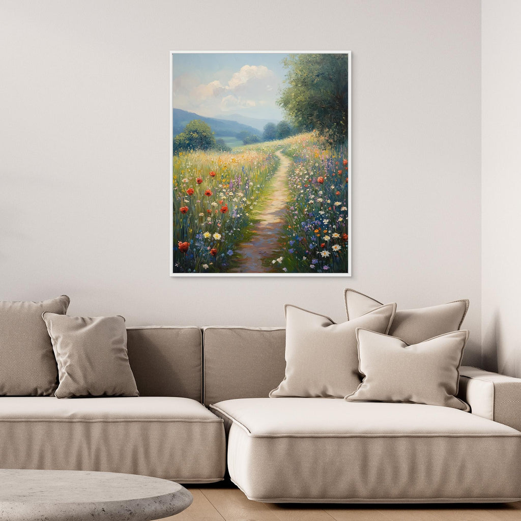 Wildflower Meadow Pathway Canvas Wall Art | Countryside Decor - Framed Pop Art