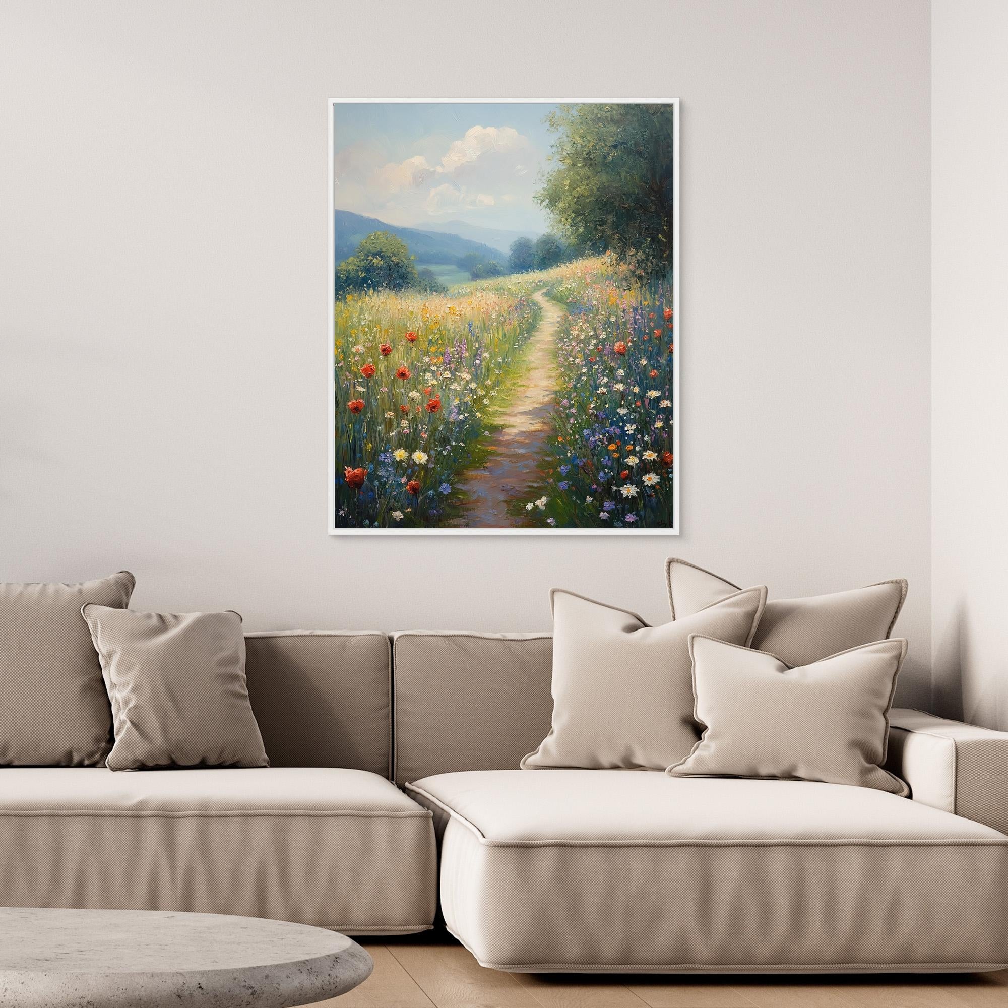 Wildflower Meadow Pathway Canvas Wall Art | Countryside Decor - Framed Pop Art