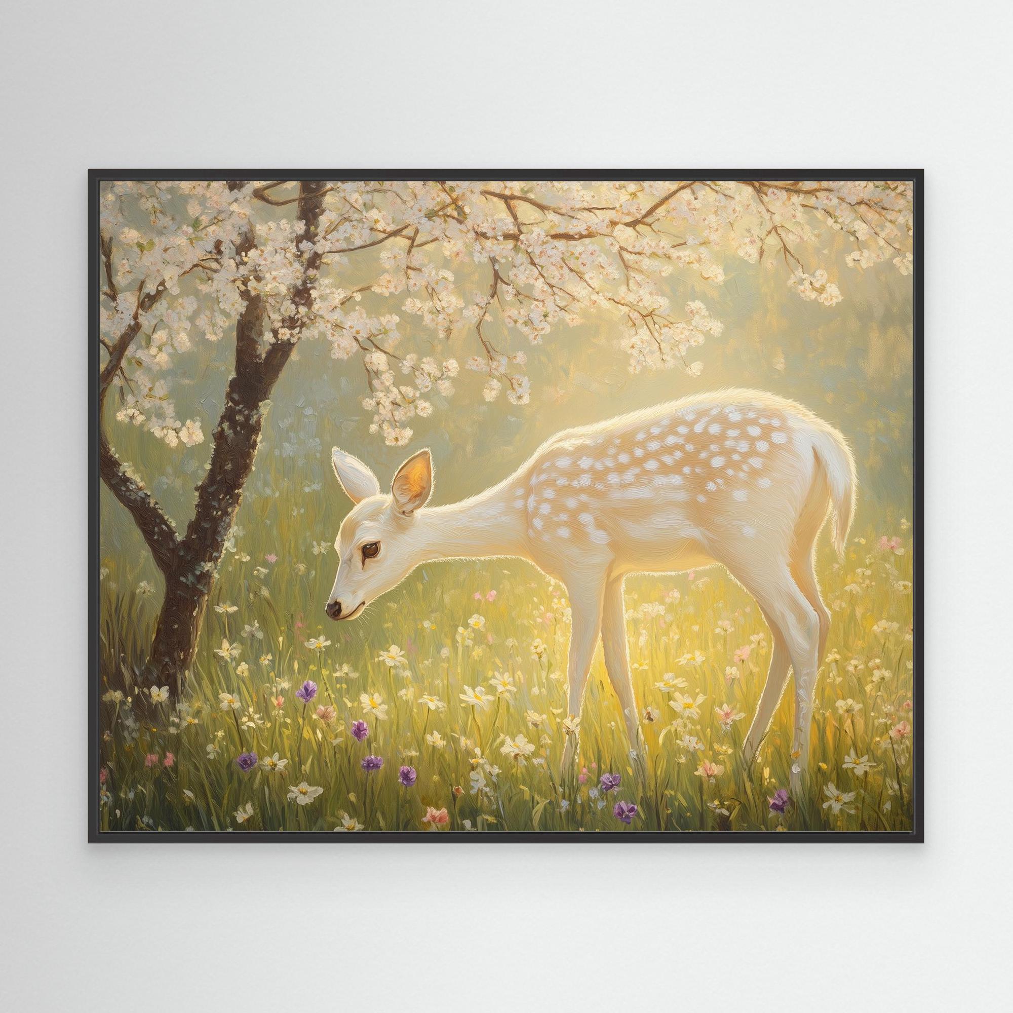 Enchanted White Fawn & Cherry Blossom Canvas Wall Art - Framed Pop Art