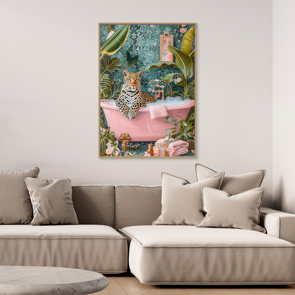 Leopard in Bathtub Wall Art for Bathroom Decor Print - Framed Pop Art