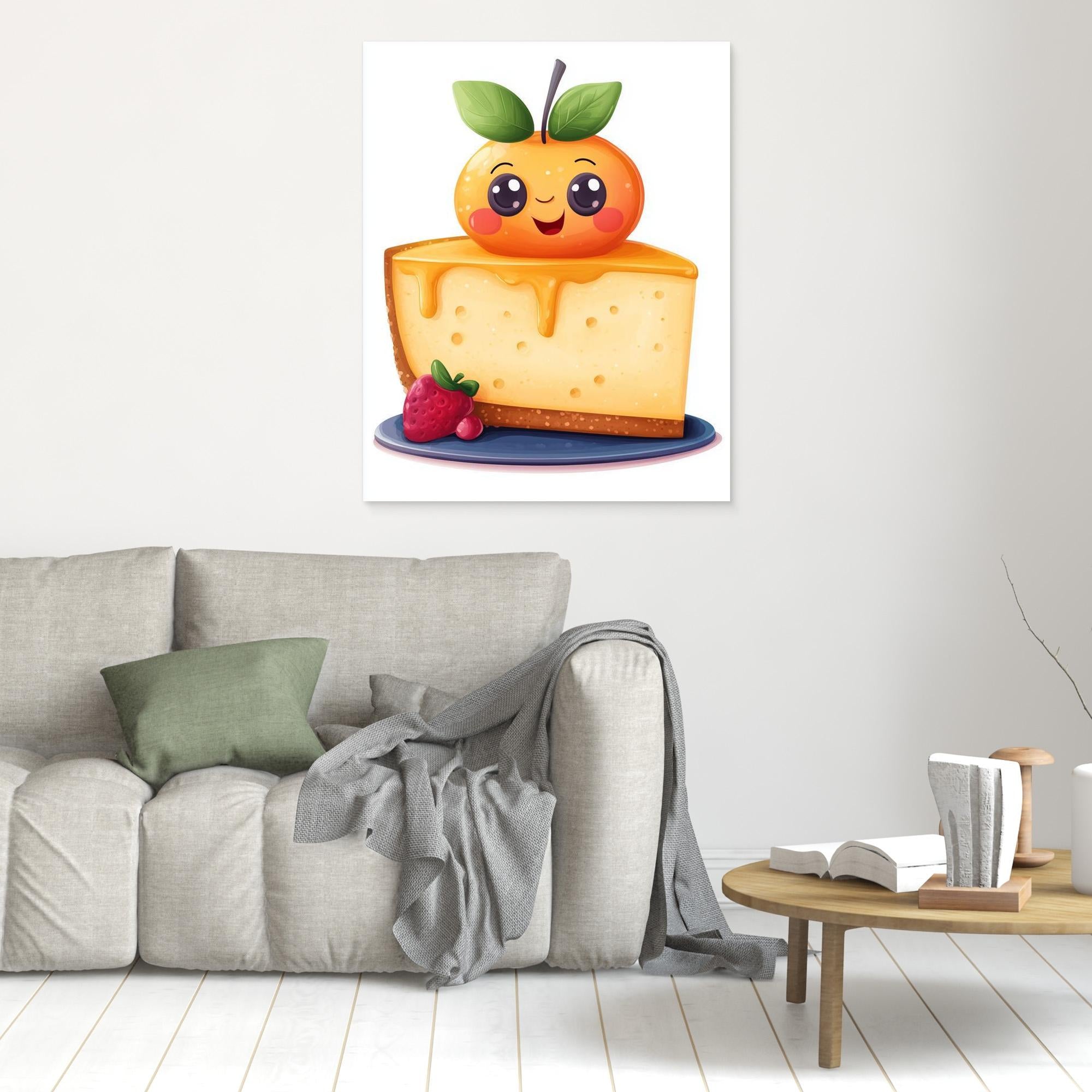 Kawaii Orange Cheesecake Art Print | Cute Kitchen Wall Decor - Framed Pop Art