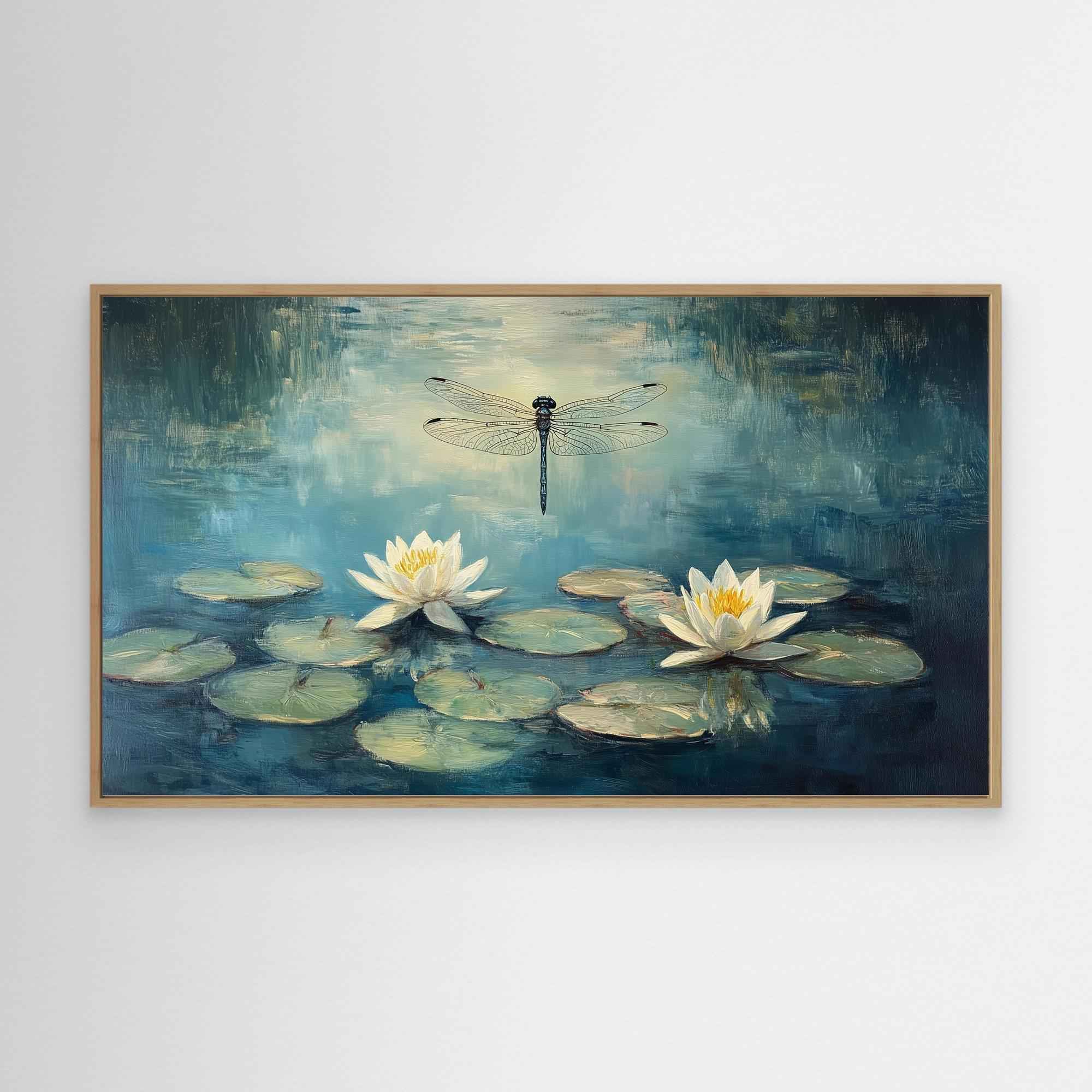Dragonfly & Water Lily Canvas Art | Zen Bedroom Wall Decor