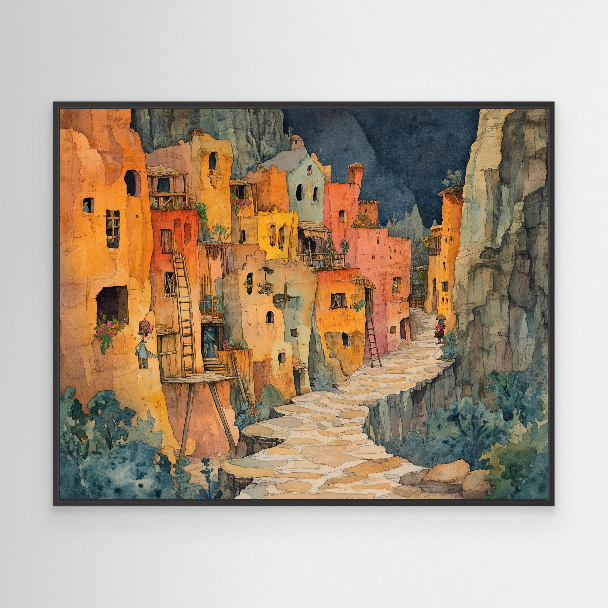 Watercolour Cliffside Village Canvas Print Hallway Art - Framed Pop Art