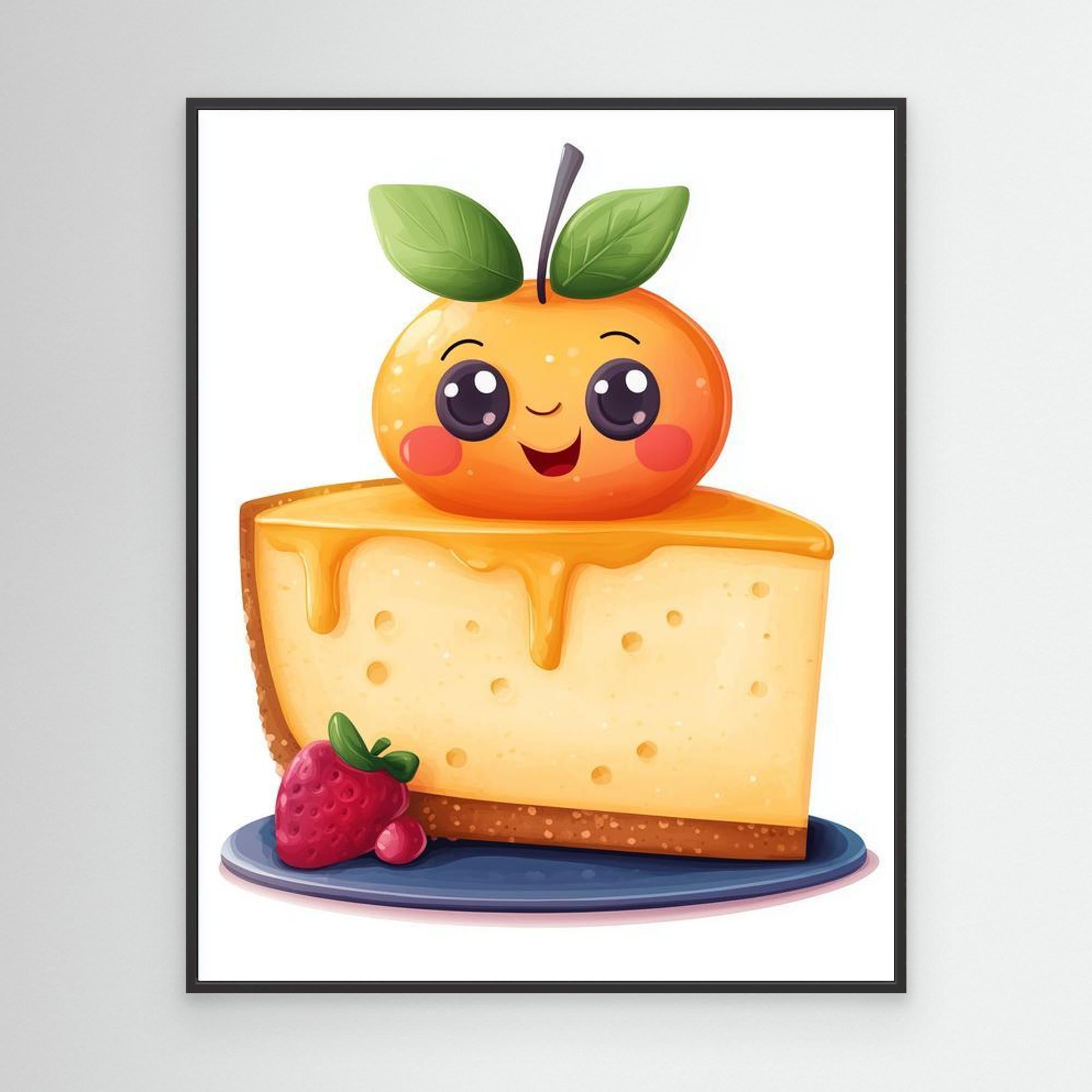 Kawaii Orange Cheesecake Art Print | Cute Kitchen Wall Decor - Framed Pop Art