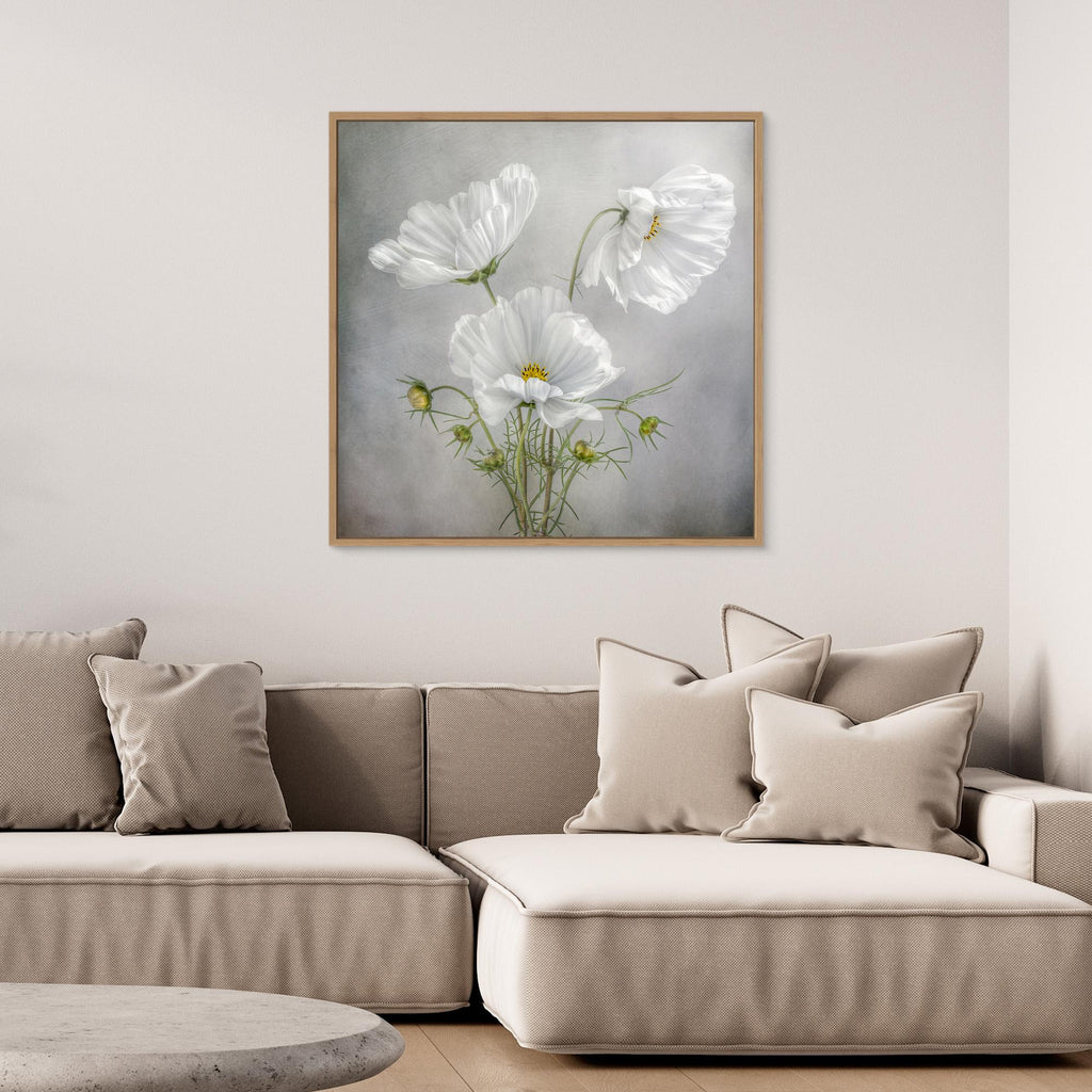 Hallway Wall Art – White Cosmos Floral Canvas Print - Framed Pop Art