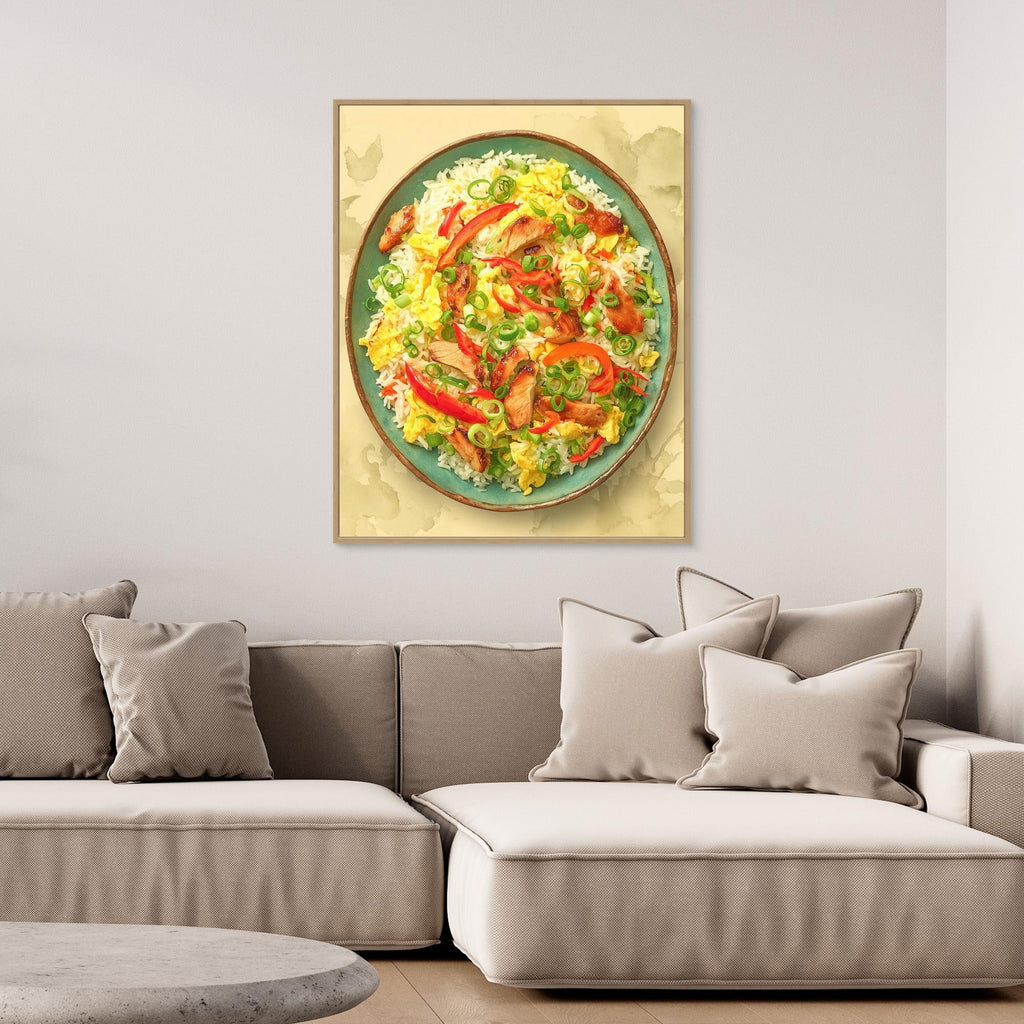 Vibrant Chicken Fried Rice Bowl Kitchen Canvas Wall Art - Framed Pop Art