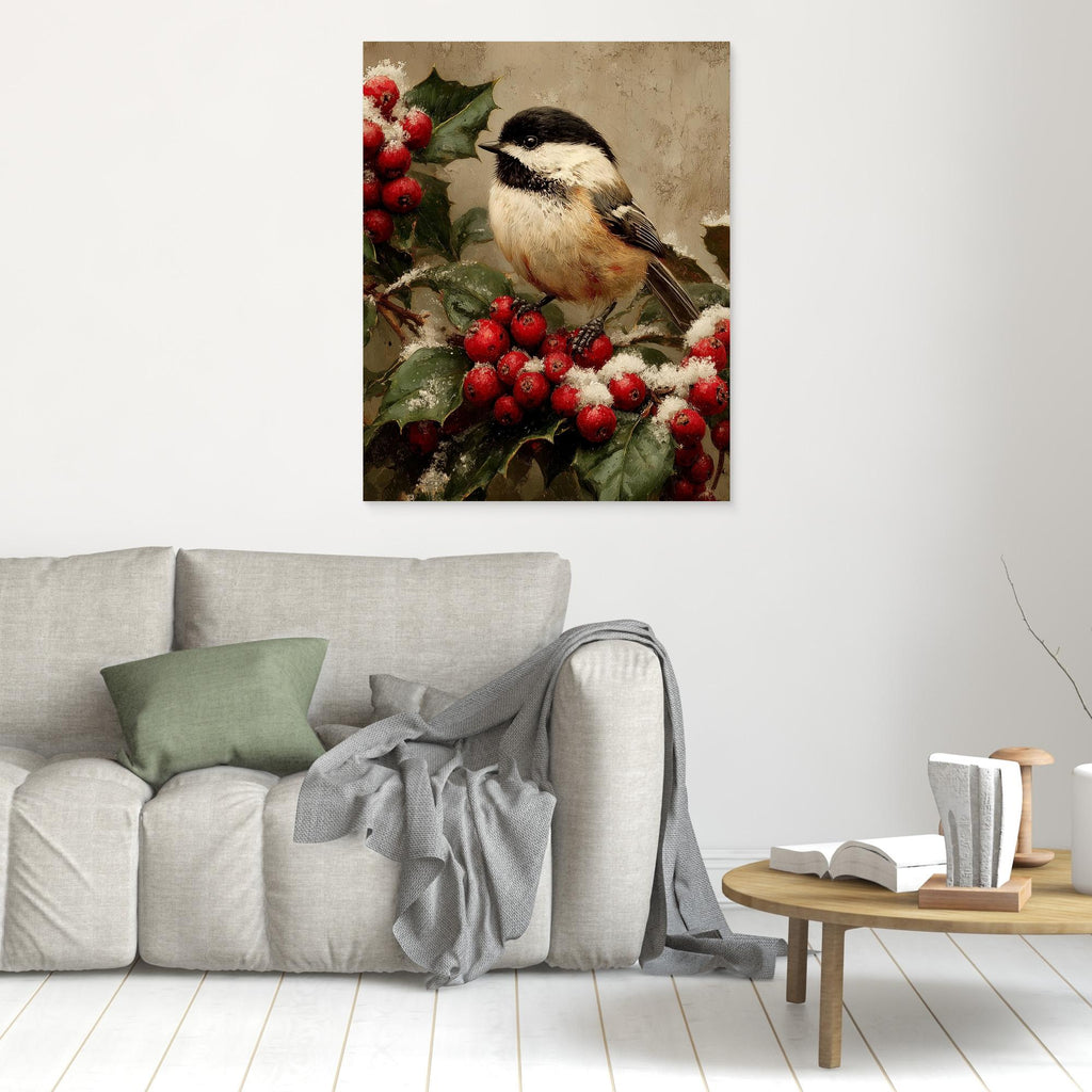 Christmas Bird Wall Art for Hallway – Chickadee Print - Framed Pop Art
