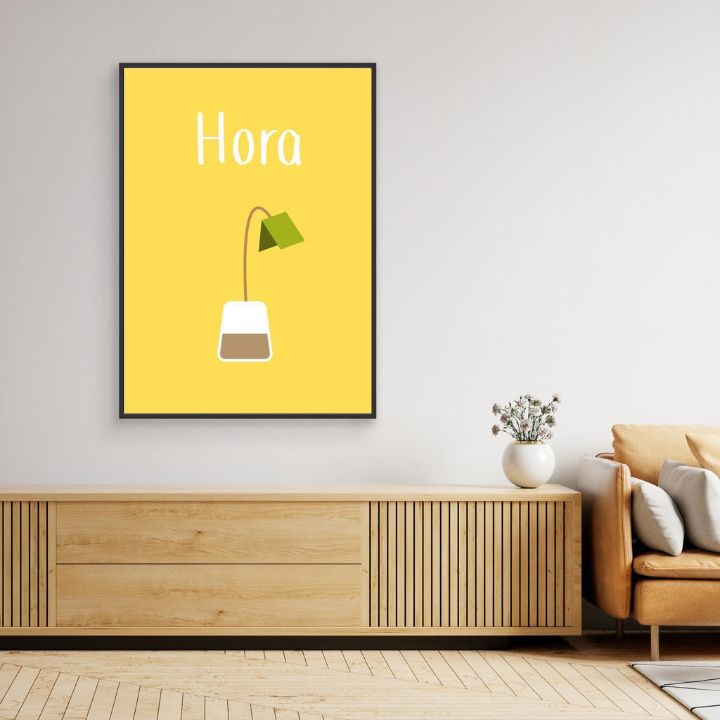 Tea Time 'Hora' Minimalist Kitchen Wall Art | Yellow Canvas - Framed Pop Art